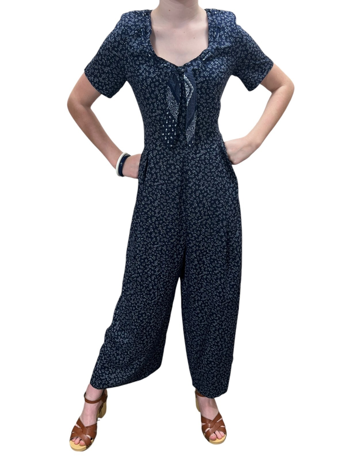 BANDANA NECK TIE Vtg 80s M Jumpsuit Blue Rayon Palazzo Pants Jumper EXPO USA