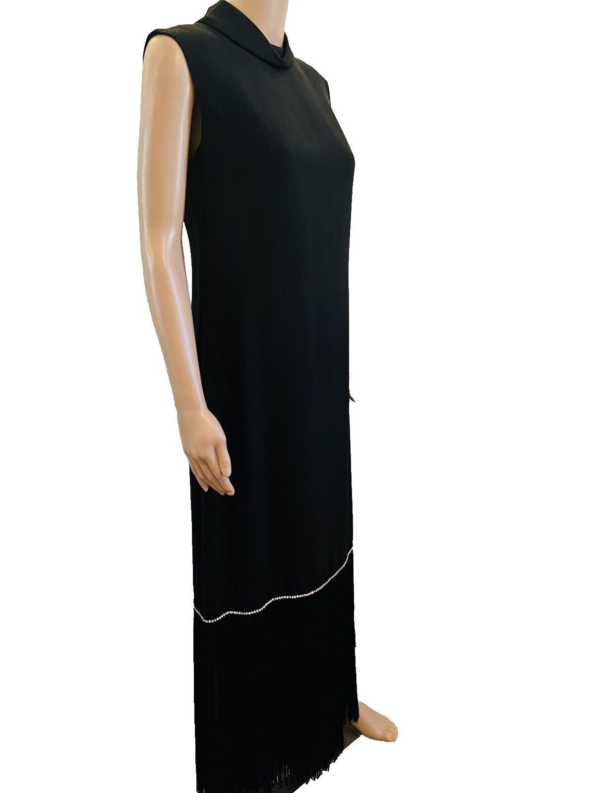 VTG 1960s Pavillon Design Black Evening Gown Maxi Dress Fringe & Rhinestones M*