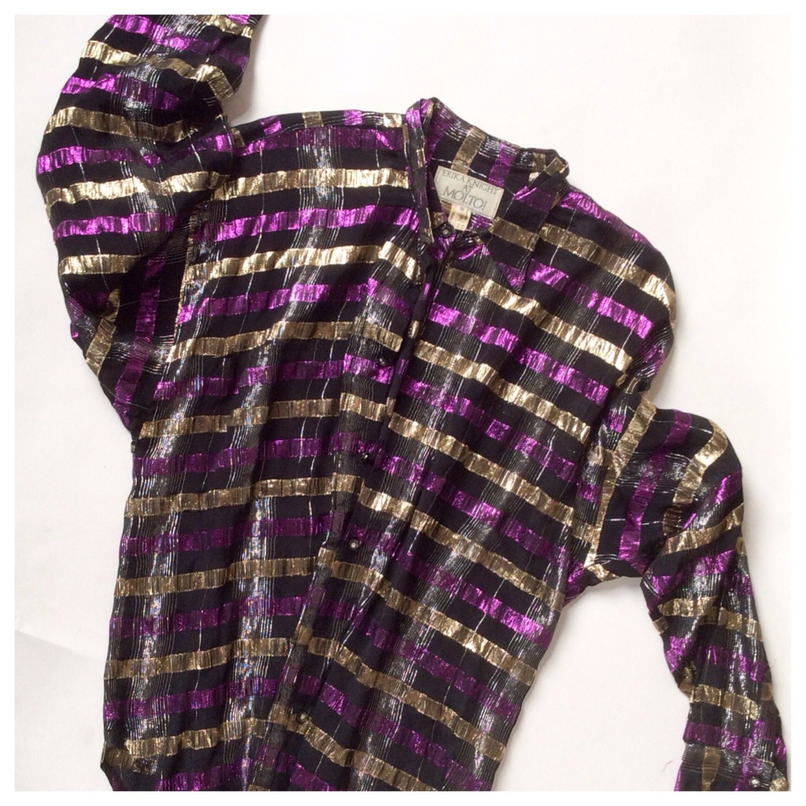 Metallic Threaded Oversize Disco Shirt Blouse Rayon Plaid Purple and Gold