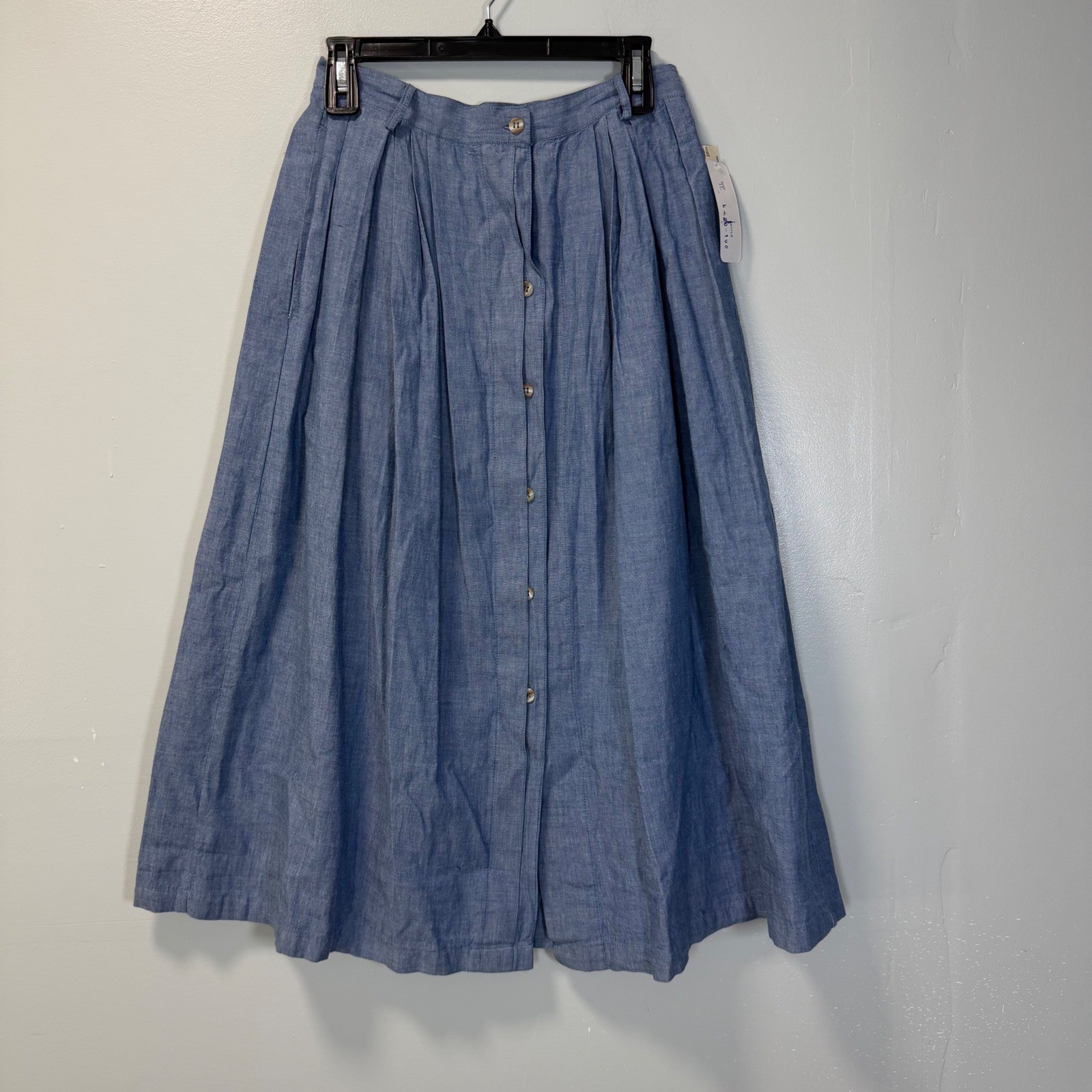 Vintage Pinot Noir Blue Cotton Chambray Midi Skirt Size 11 Button Front Pleated