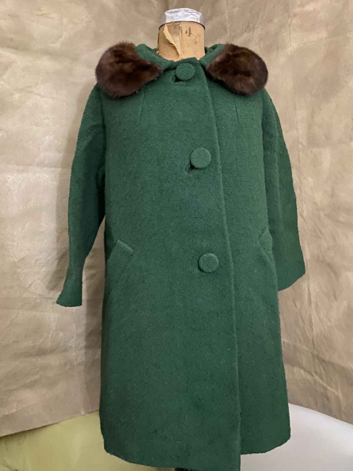 Vintage FOREST GREEN BOILED WOOL Coat MINK FUR COLLAR Copper Satin Lining M