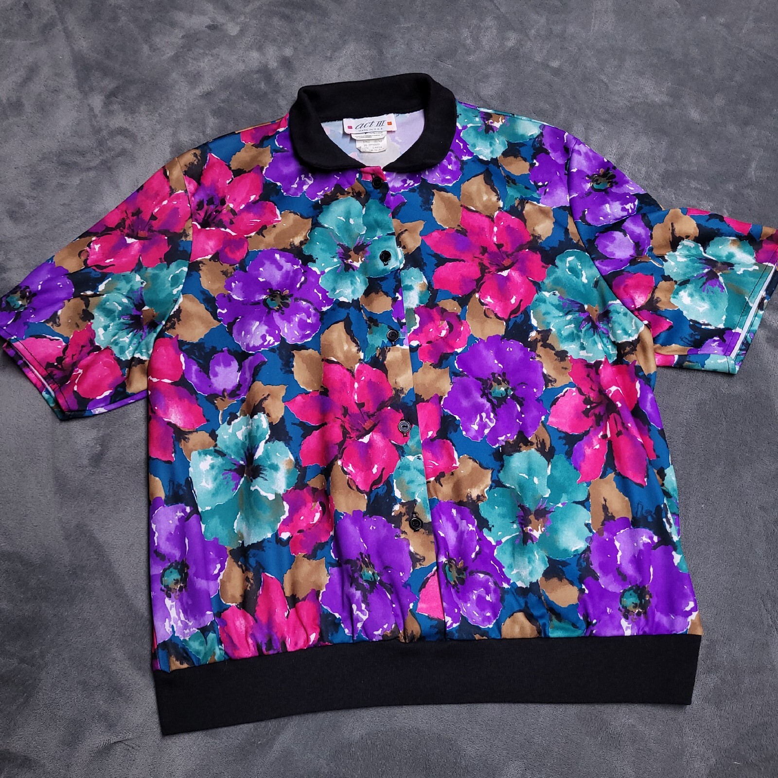 Vtg Act III Women’s Flower Petal Neon Shirt Tropical Floral Top Size L Elastic