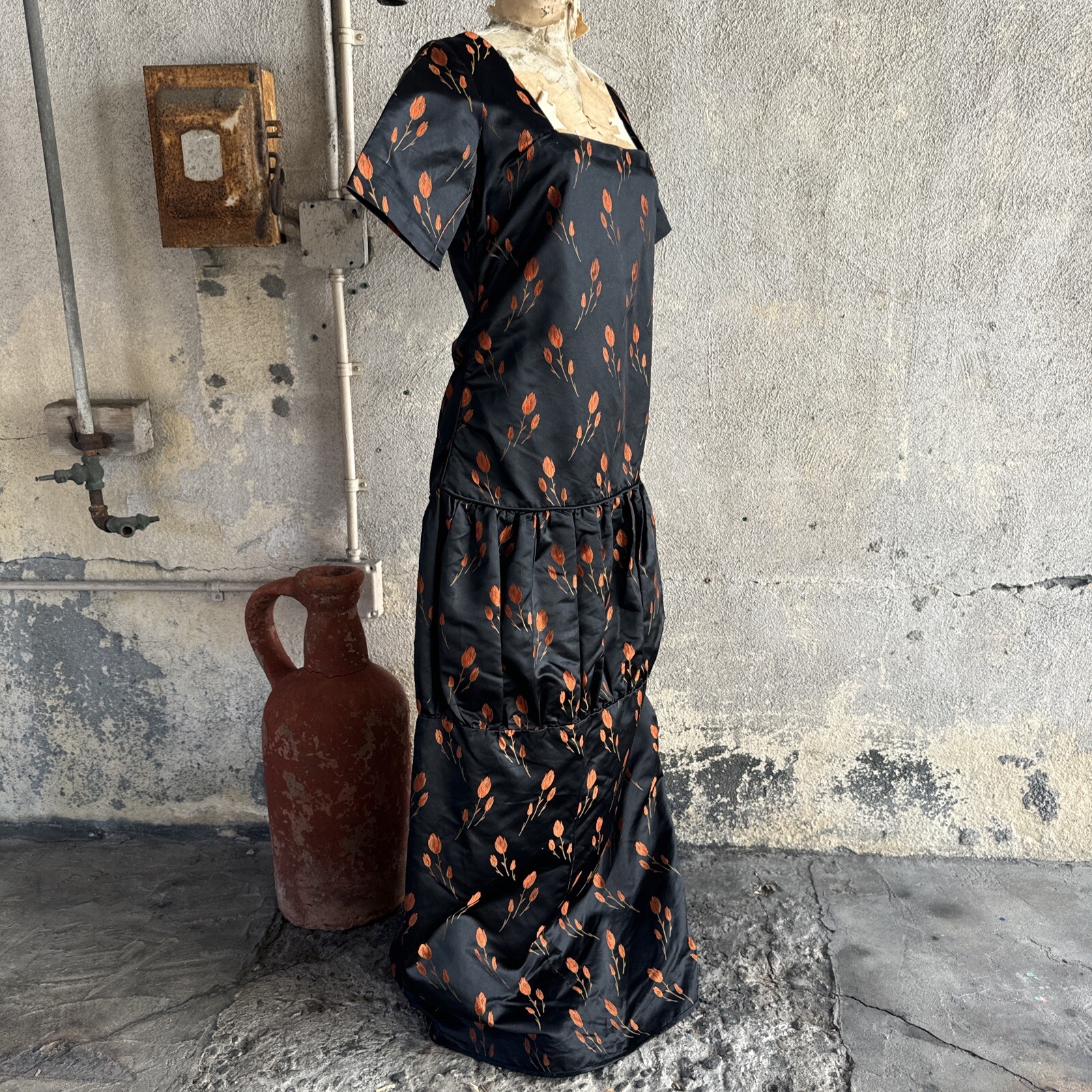 Antique 1920s Orange Tulip Silk Brocade Dress 1890s Fabric Full Length Vintage