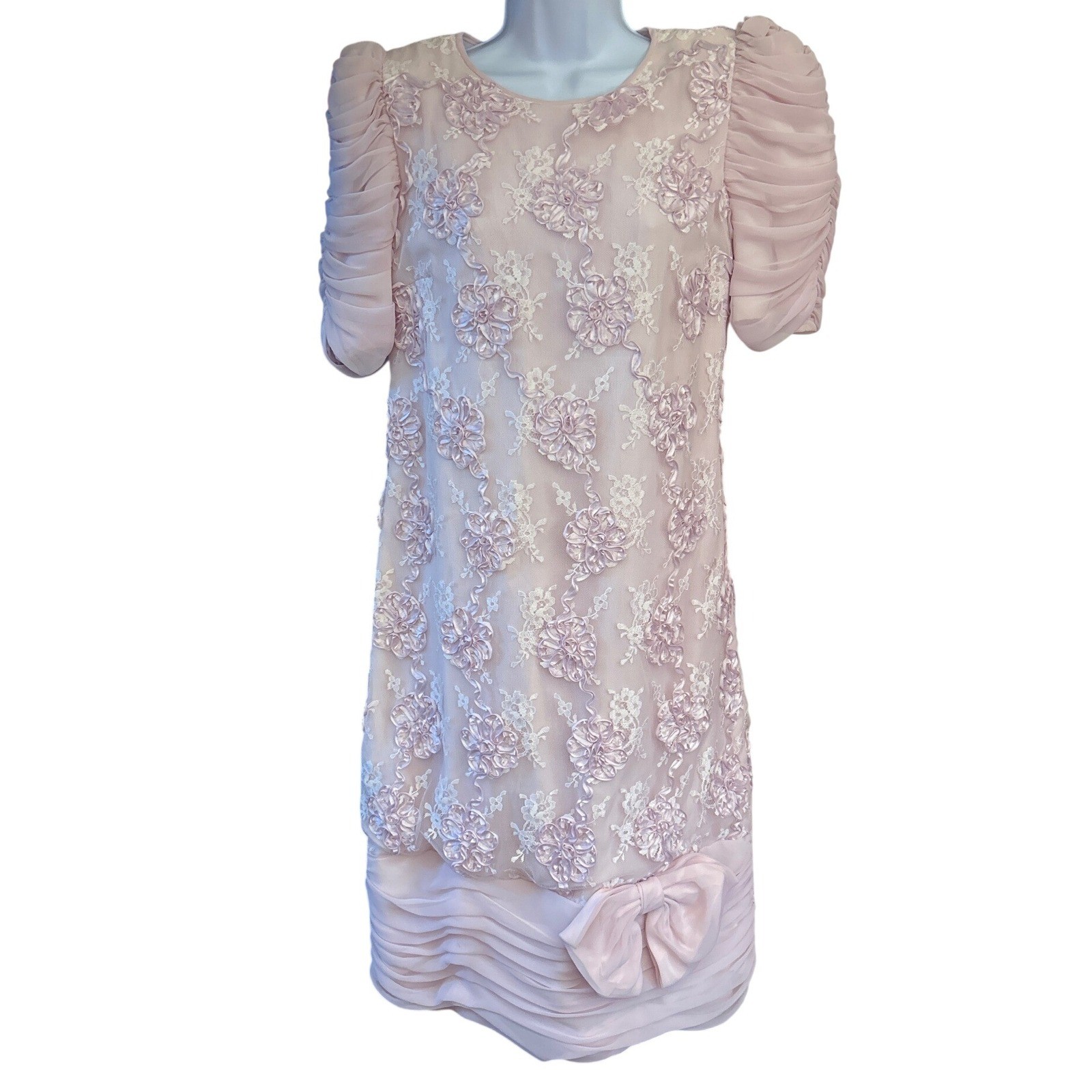 Vintage Miss Elliette Floral Lace Dress Coquette Romantic 80s Pink Tea Party