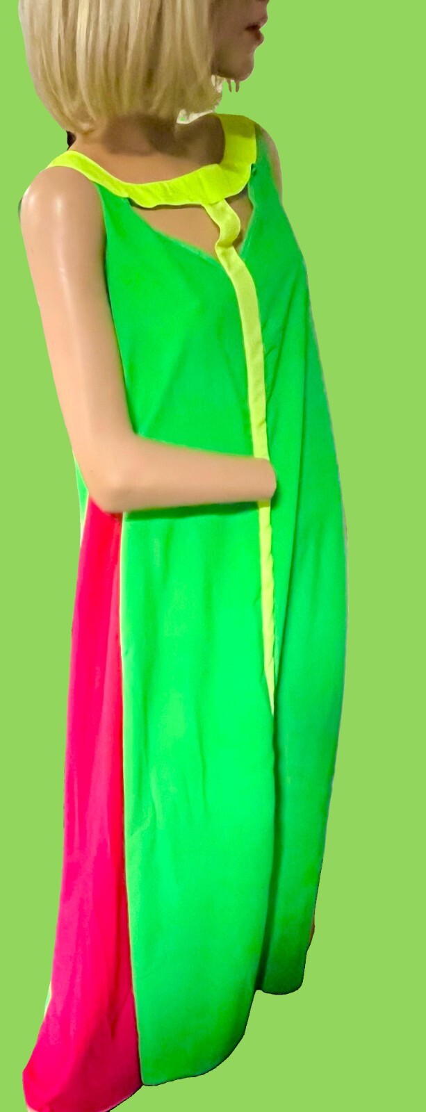 Vintage 60’s Look Neon Green Pink and Yellow Summer Kaftan Maxi Dress Small