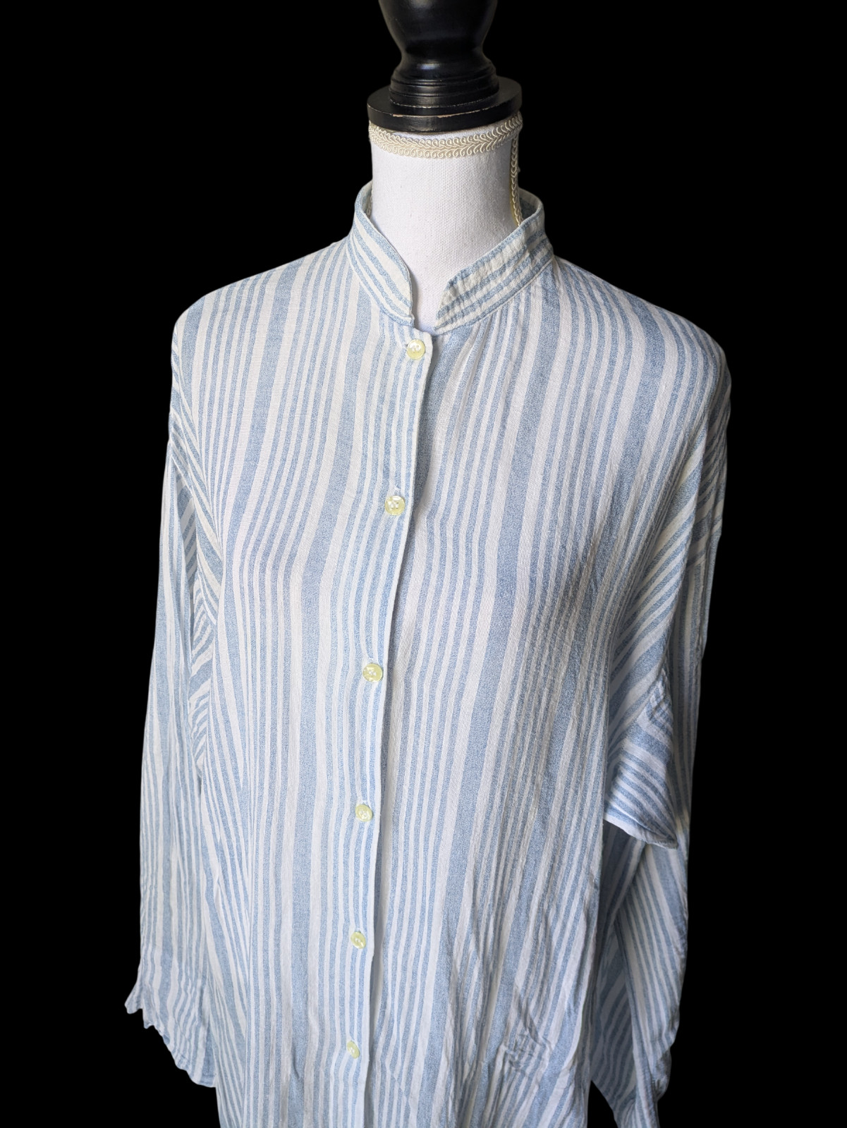 Vintage Victorias Secret 1980s Blue White Striped Semi Sheer Kaftan Large Button