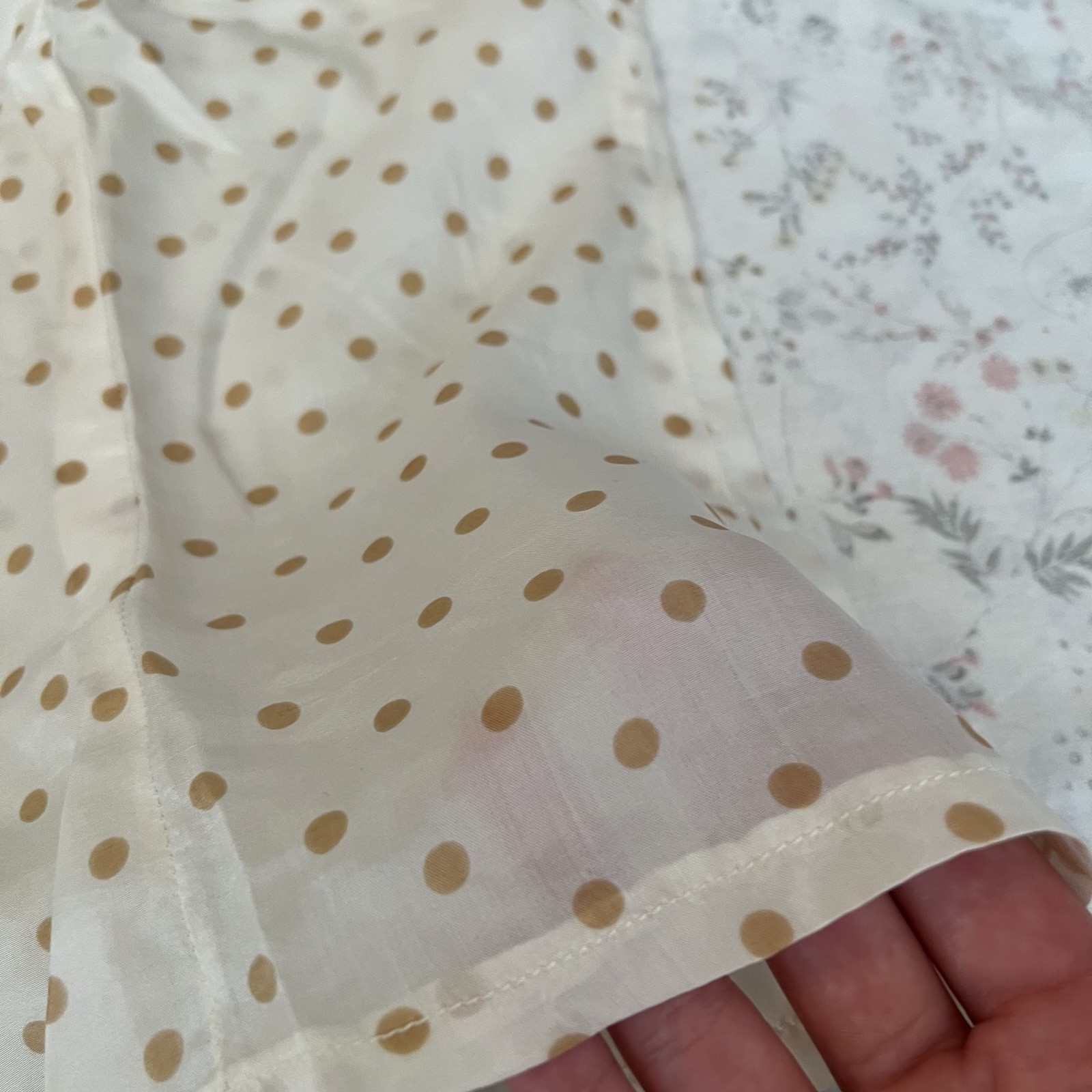 Vintage 50s Adelaar 100% Silk Blouse Polka Dot Cream Pussy Bow Short Sleeve