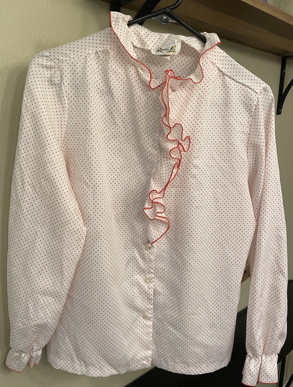 Vintage Rhoda Lee Red and White Polka Dot High Ruffle Blouse Size 14