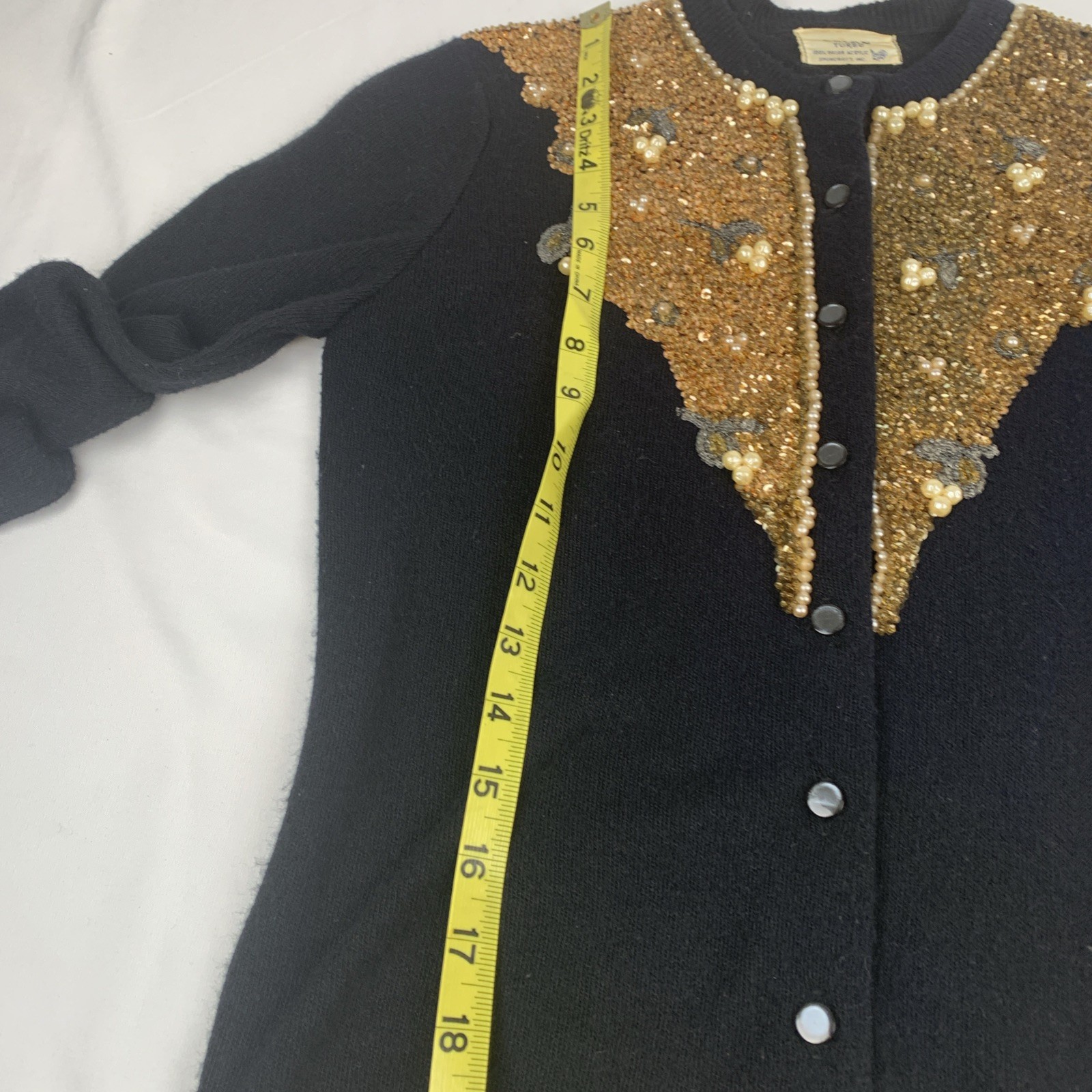 1960’s Orlon Turbo By Spuncraft Inc Black Sweater Gold Sequins, Small Sparkly
