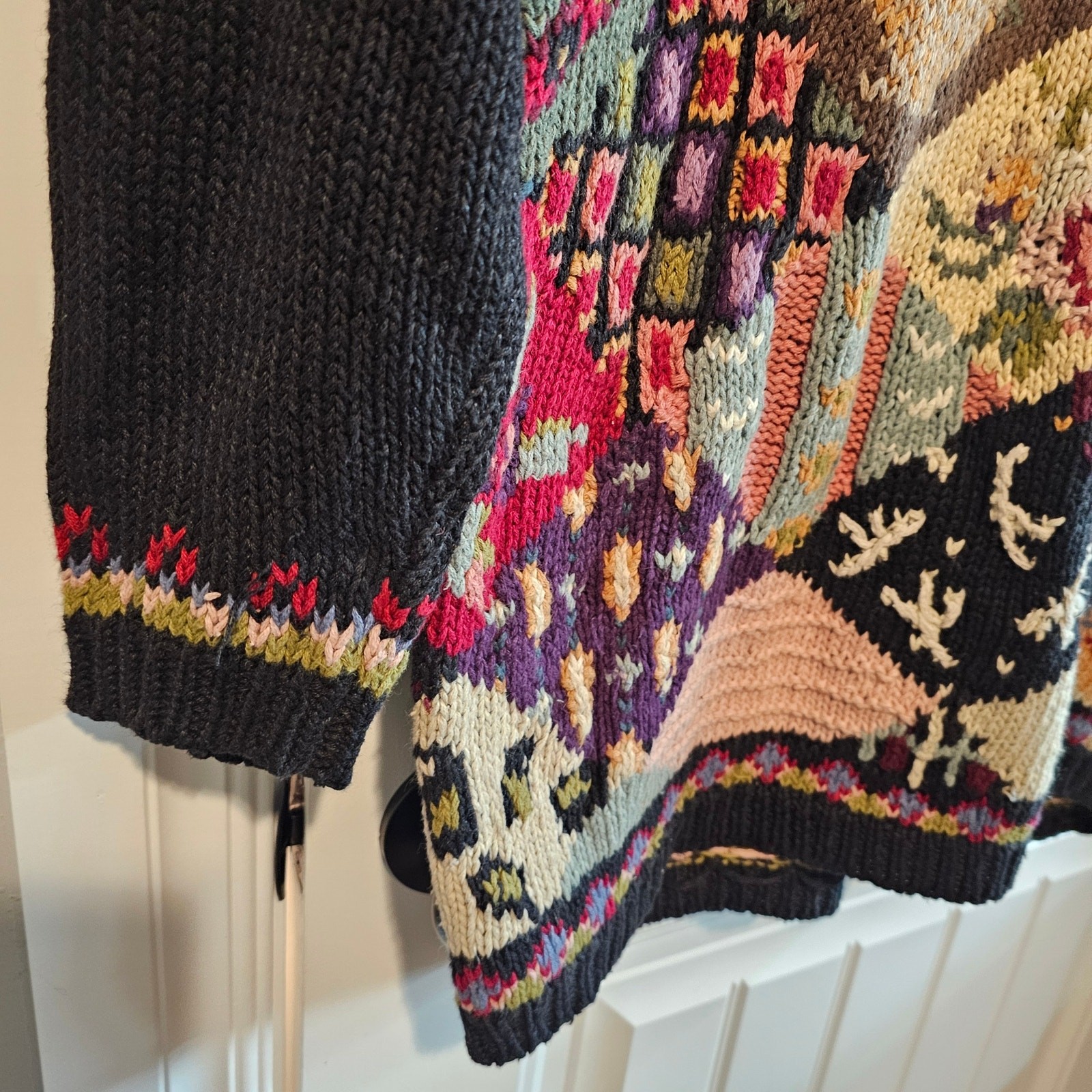 Vintage Tiara Sweater Womens Med Black Knit Floral Patchwork Cottage Grandmacore