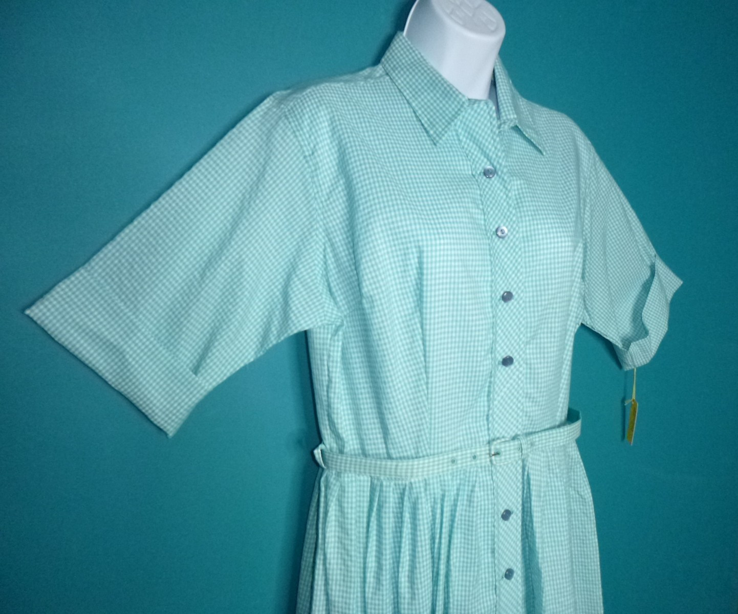 NOS Vtg 60s Shirtwaist Dress Turquoise Gingham W/ Belt Sz 20 XL/XXL *VOLUP*