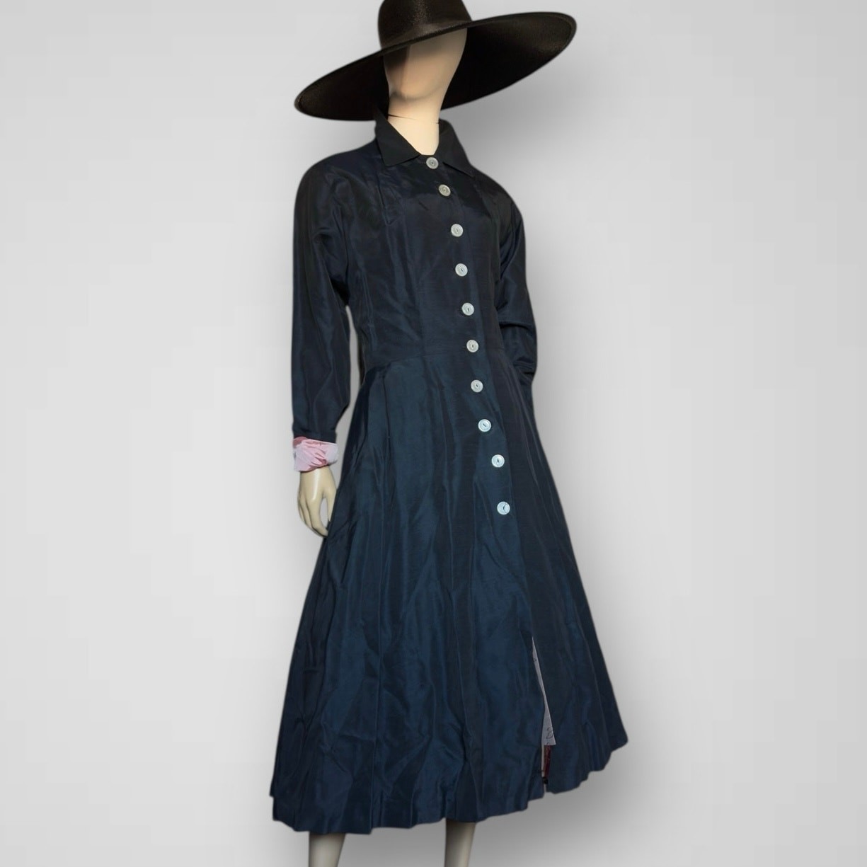 Vintage 1940s New Look Black Silk Duster Princess Coat Button Front Jacket Small