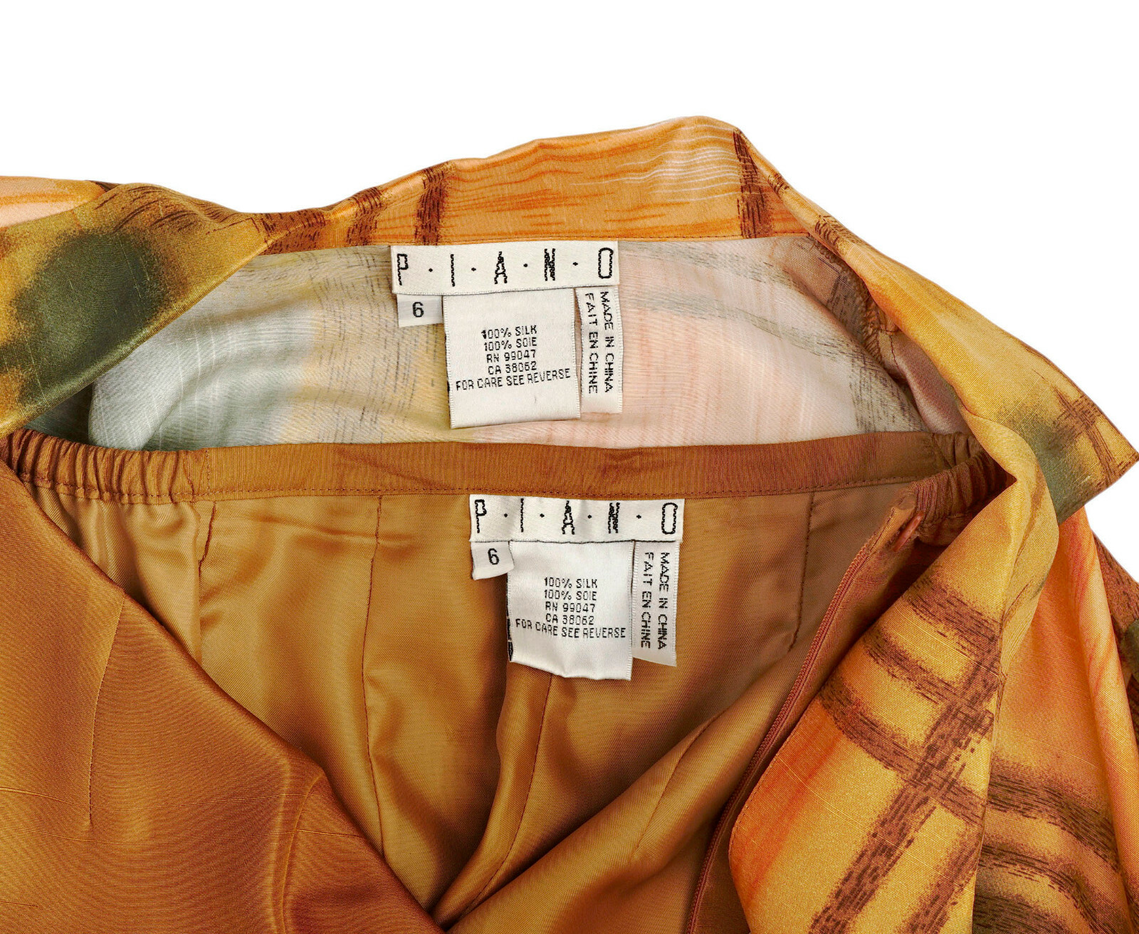 Retro Silk Blouse and Pant Set, Gold and Olive Green Print 2 Piece Size 6