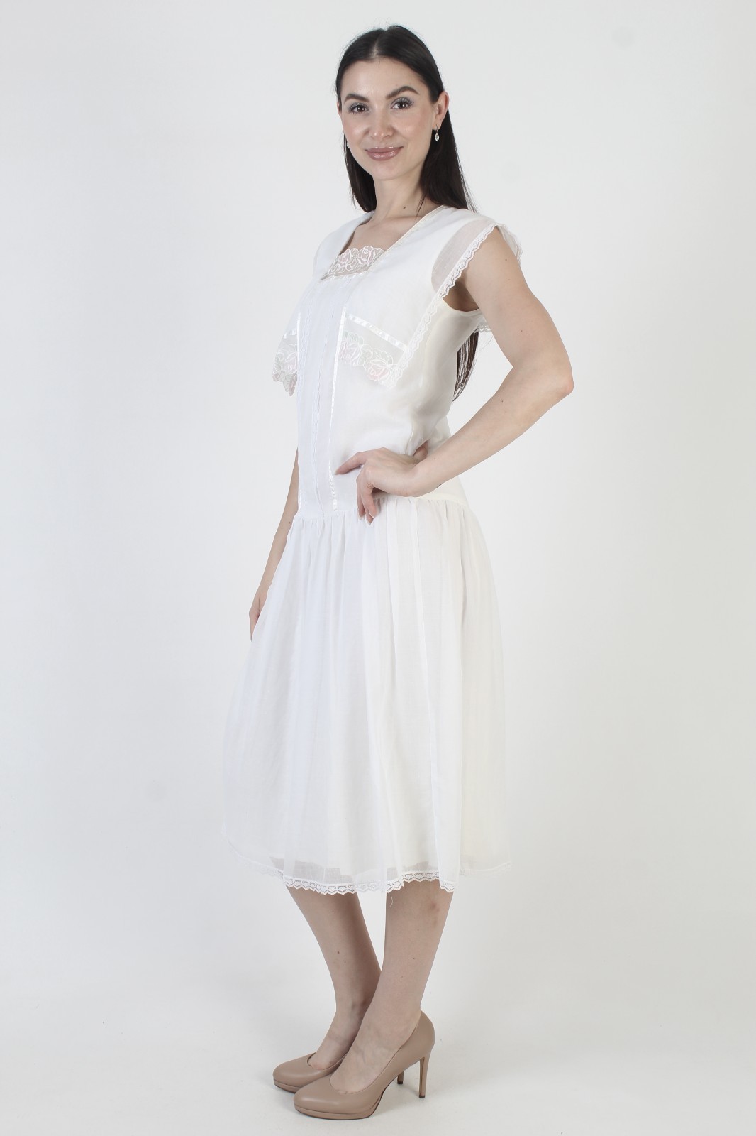 Vtg 80s Gunne Sax Dress Wht Jessica McClintock Deco Flapper Drop Waist Boho Gown