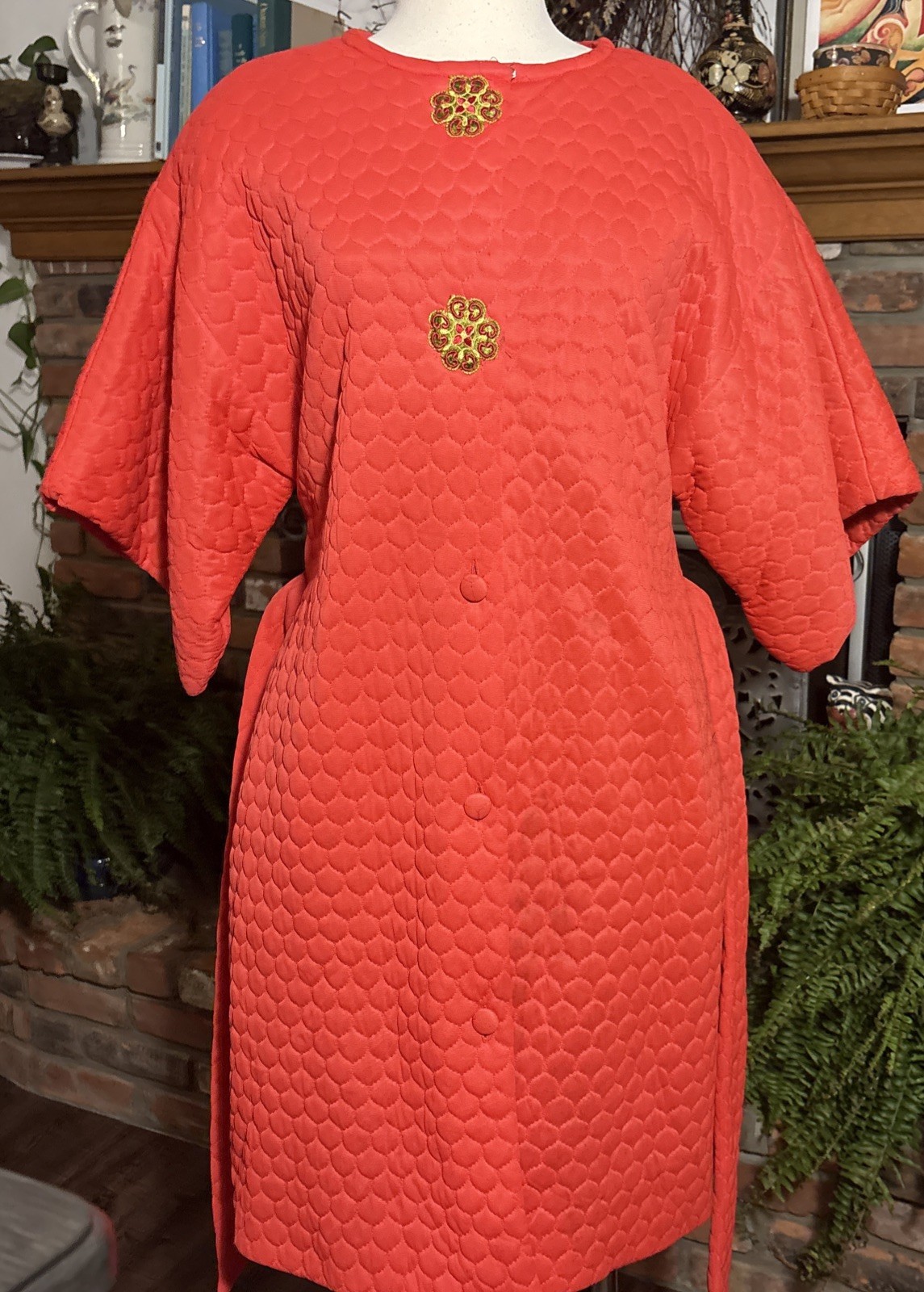 Vtg 70s Women’s Quilted Coral Orange Robe Penney’s Loungewear One Size