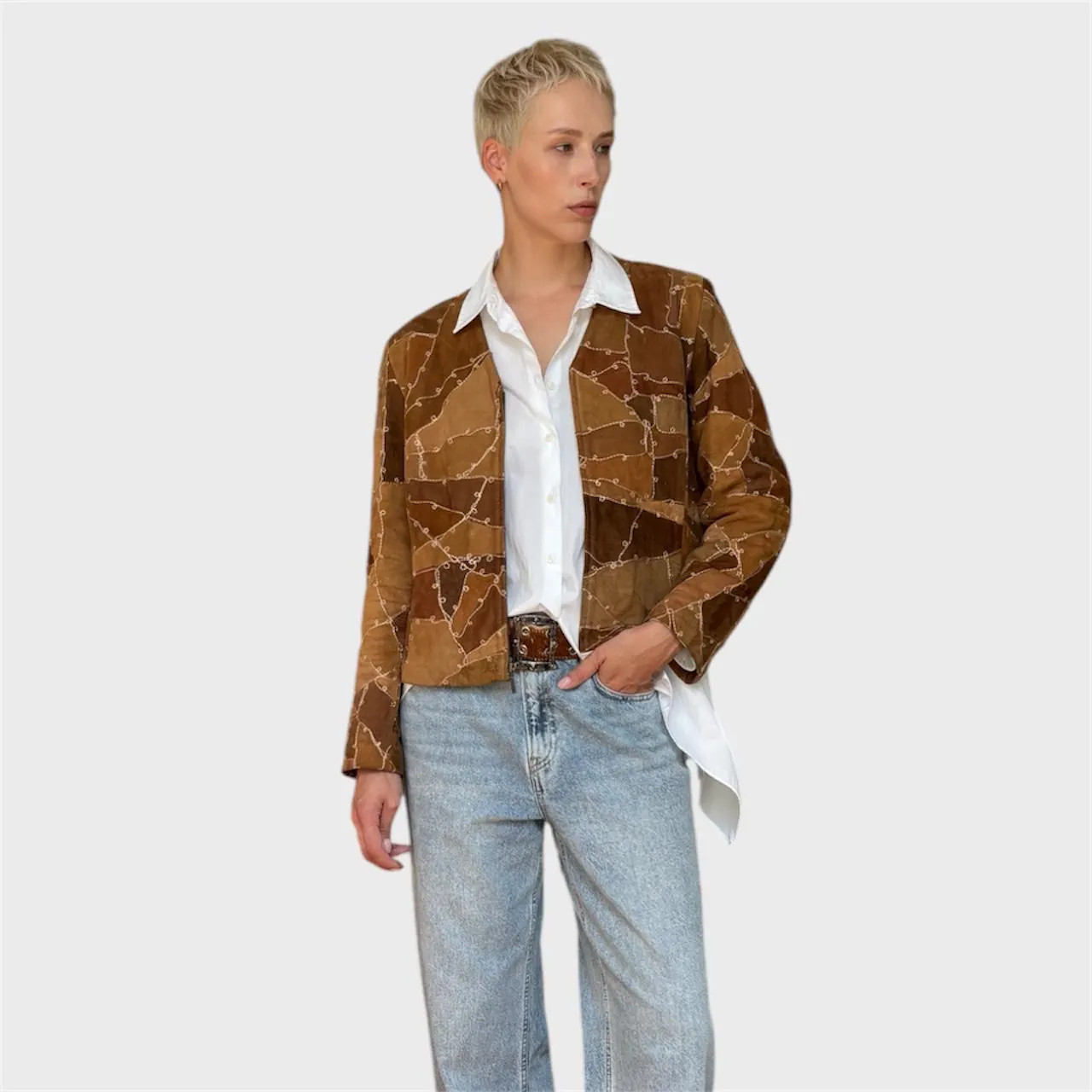 Vintage Brown Suede Patchwork Jacket | Embroidered Zip-Up Size US 8/ EU40