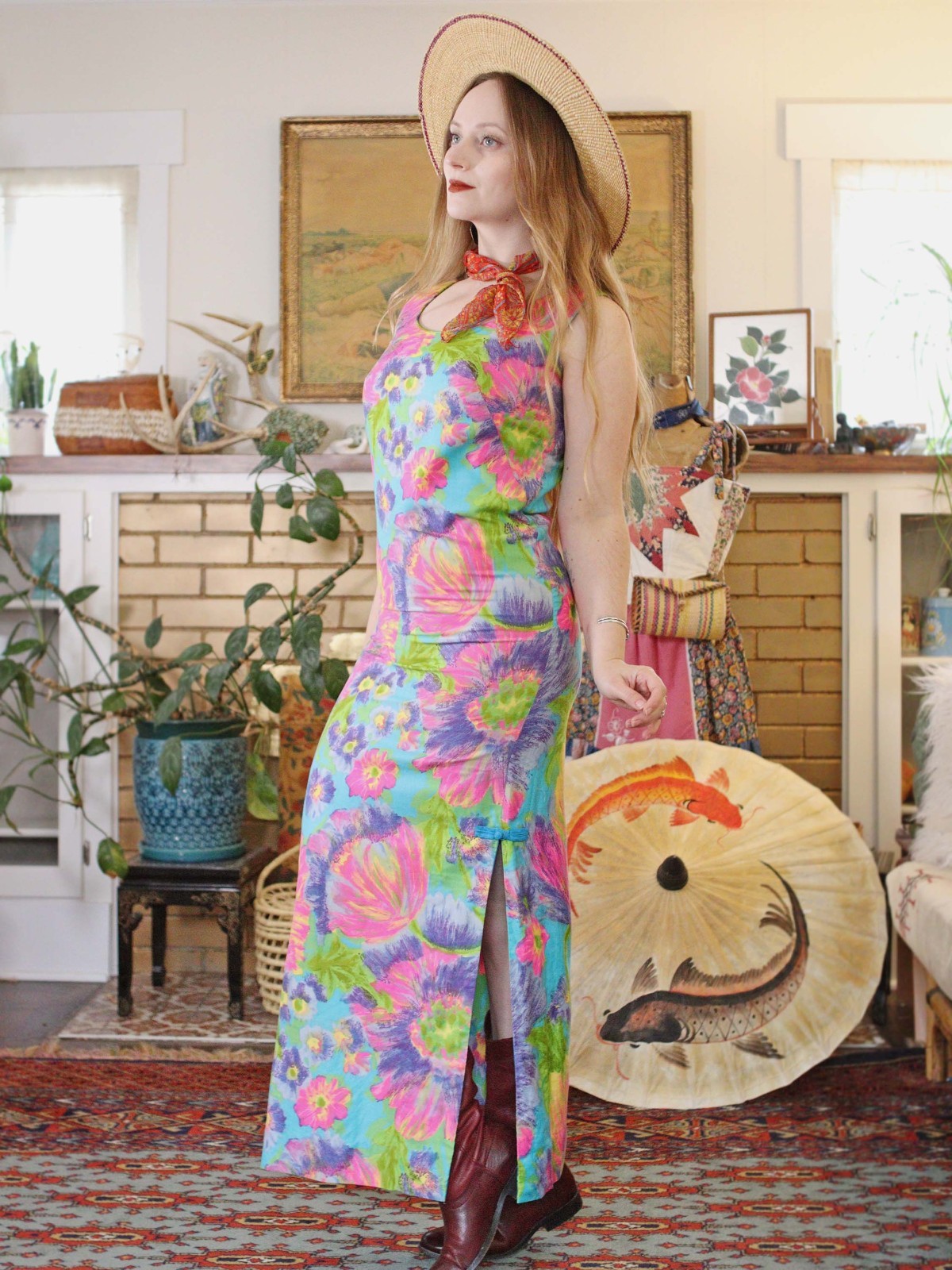 VTG The Tiki Shop 1960s Dress Cotton Psychedelic Floral Sleeveless Maxi Hawaiian