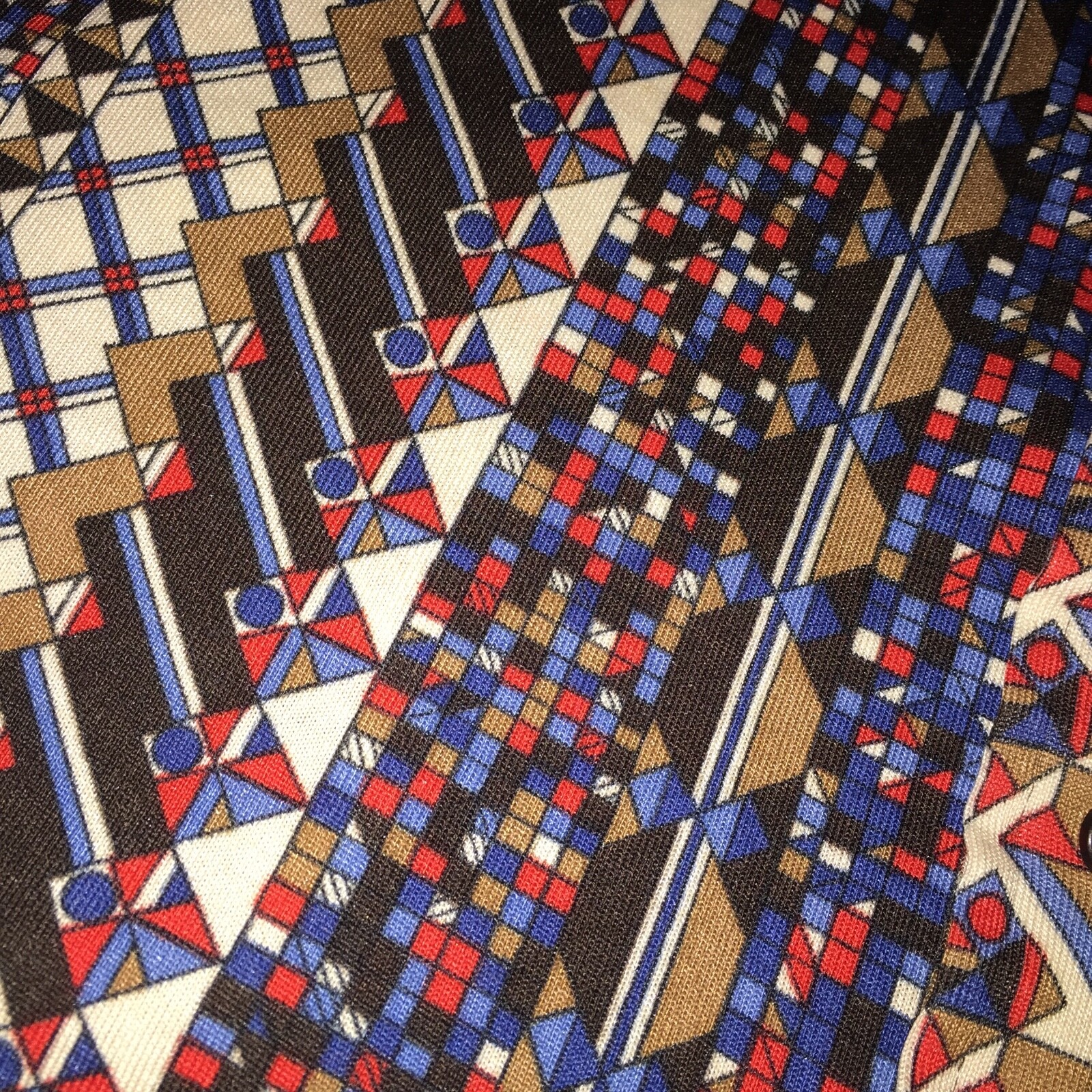 Womens Vintage BLOUSE LOUBELLA Brown Blue and Red Geo-Deco Print 20 Bust