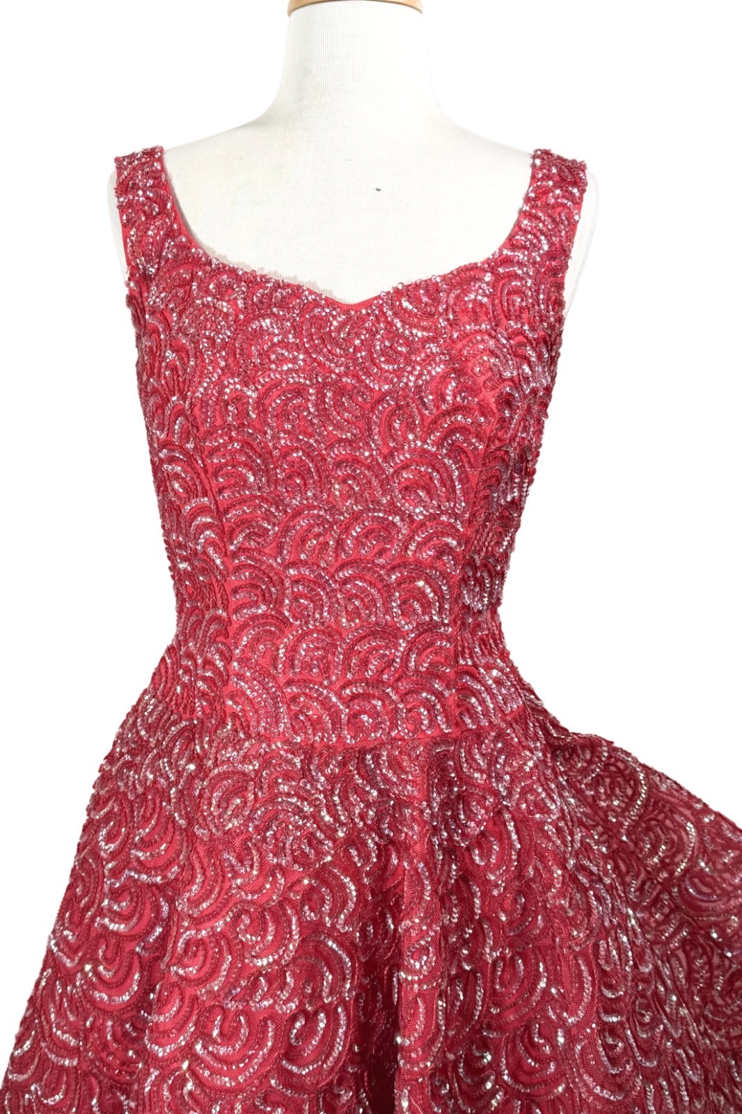 VTG 60s Mike Benet Formals Red & Sequin Party Dress, Fit and Flare SZ 9