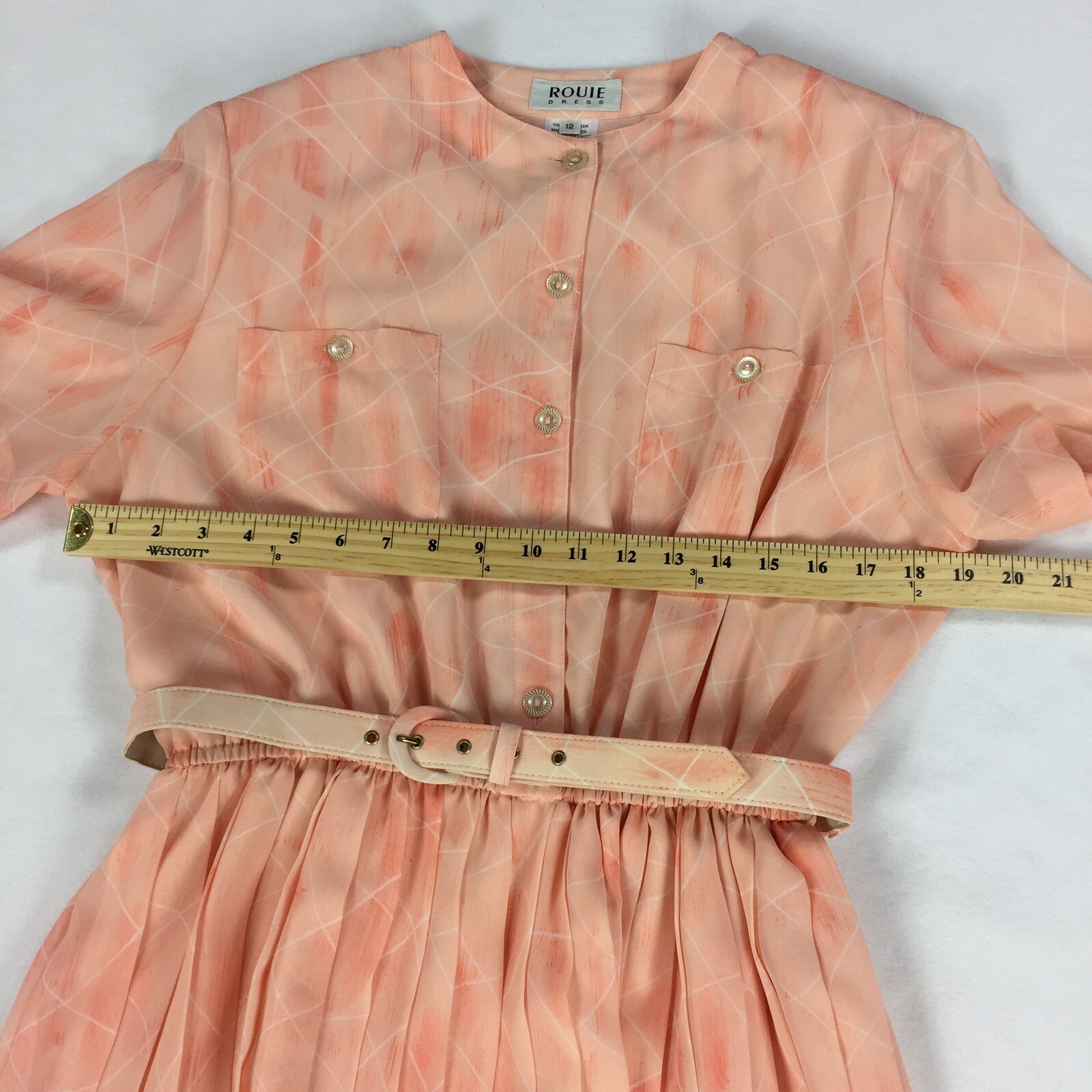 Vintage 1980s Rouie Blouson Smock Dress with Belt Size 12 Peach Chiffon Modest L
