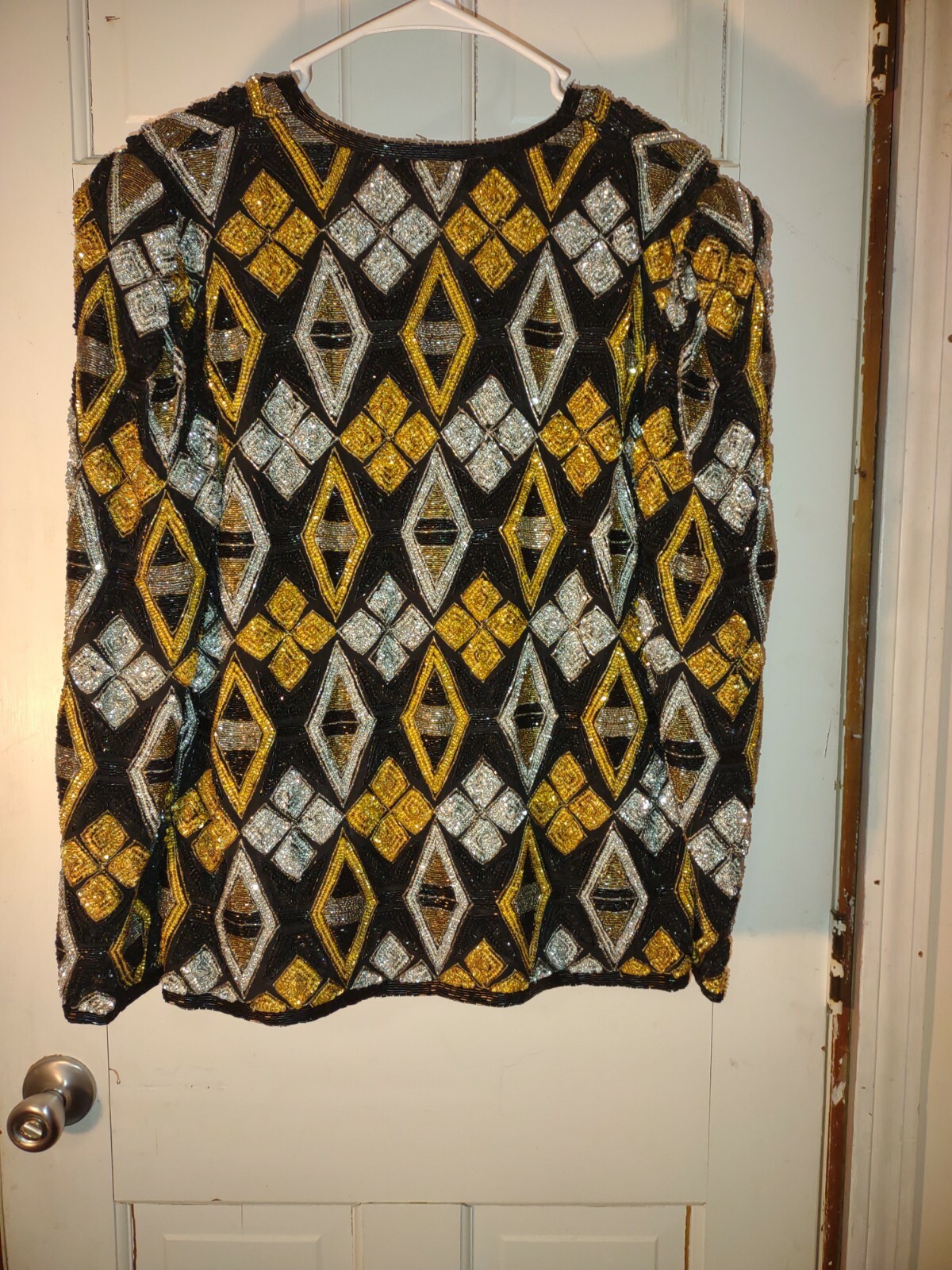 Vintage 90s Black and Gold Sequin Jacket, Embellished Cardigan – Sz M (see meas.