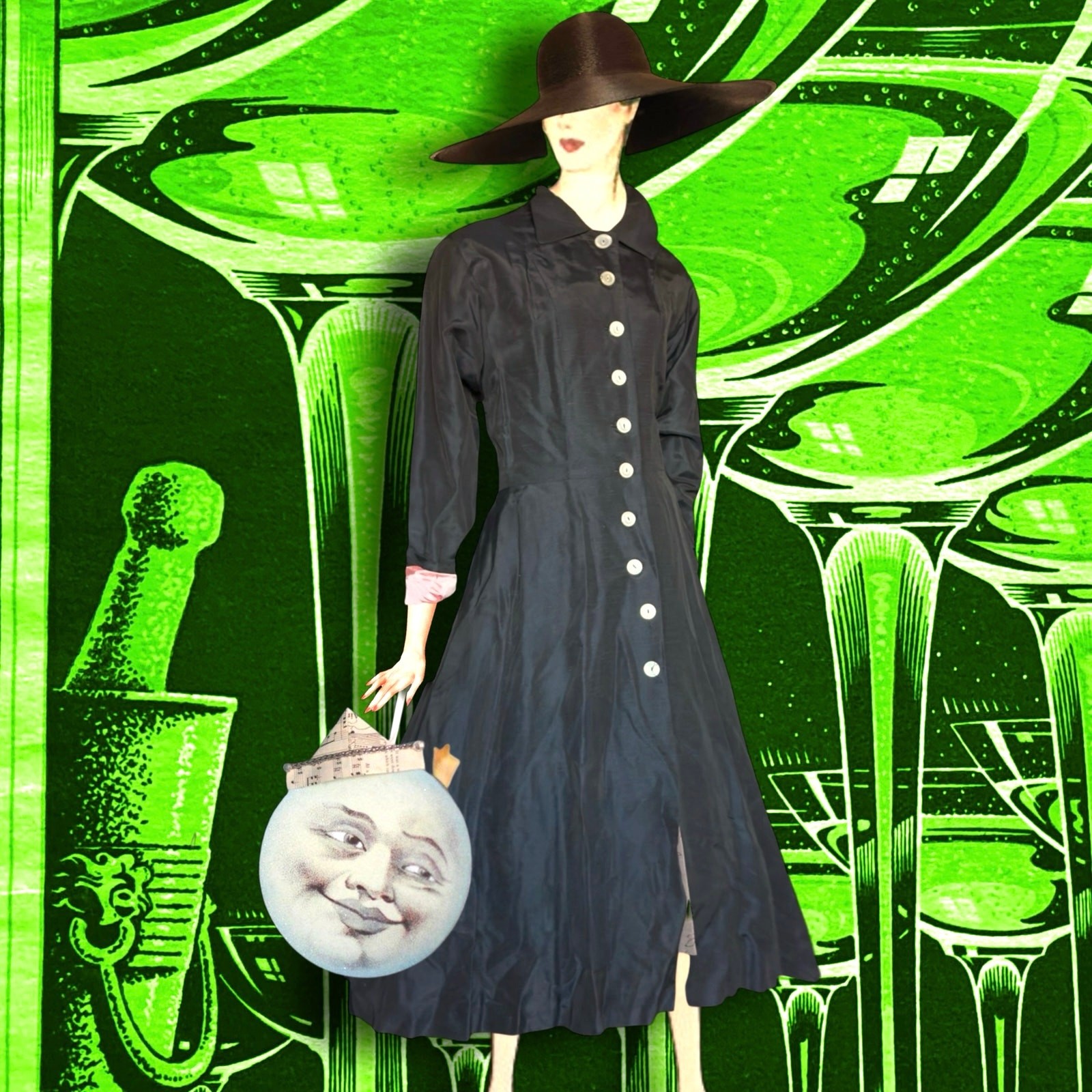 Vintage 1940s New Look Black Silk Duster Princess Coat Button Front Jacket Small