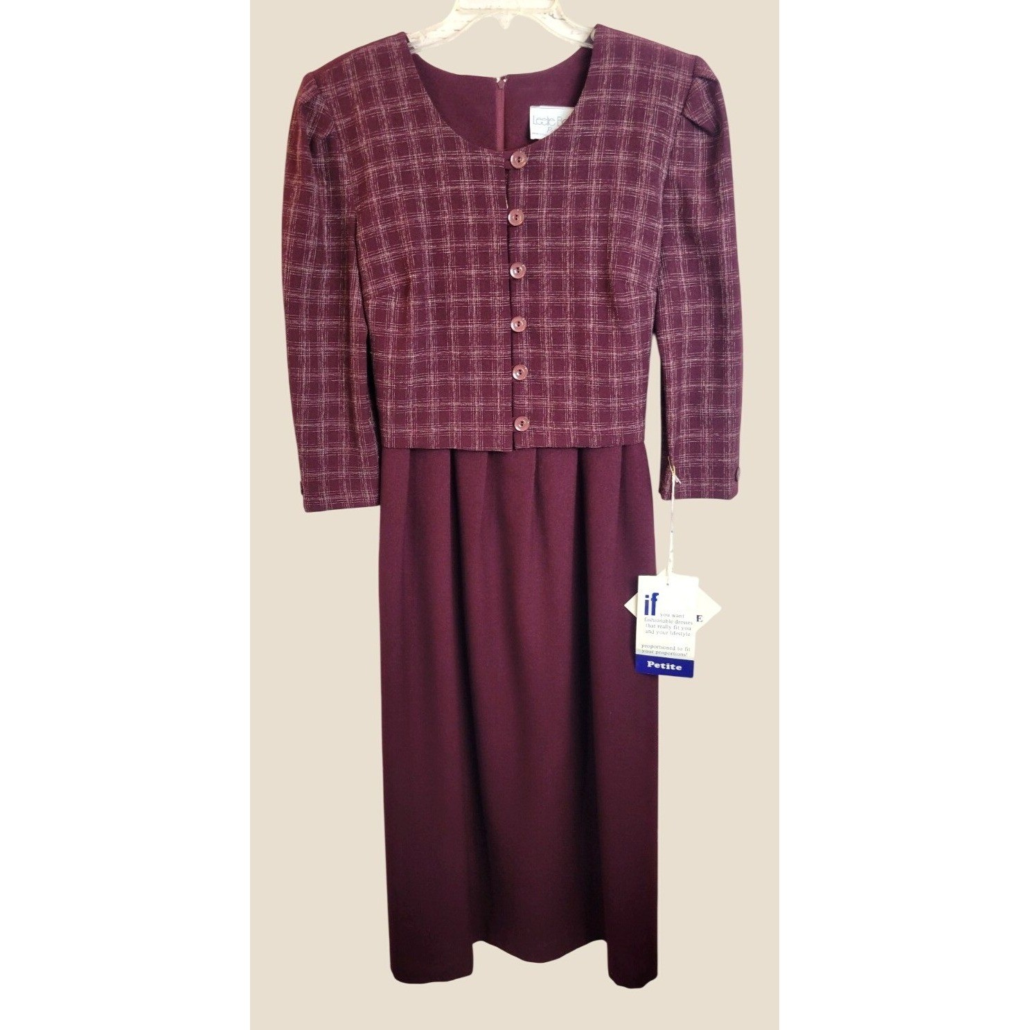 NOS Leslie Belle Dress Vintage 90s Plaid Bodice Midi Career Modest Purple 12P