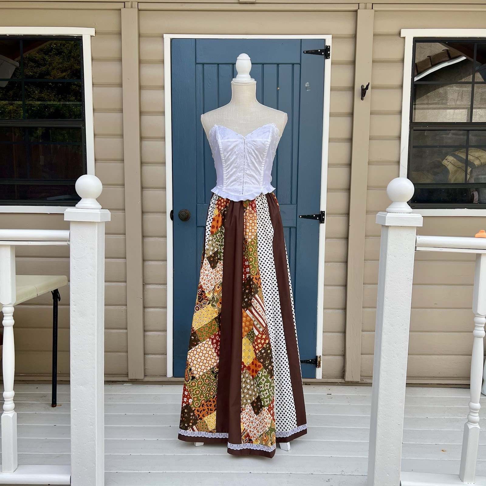 Vintage 70s Patchwork Maxi Skirt with Brown and Orange Tones Size Small