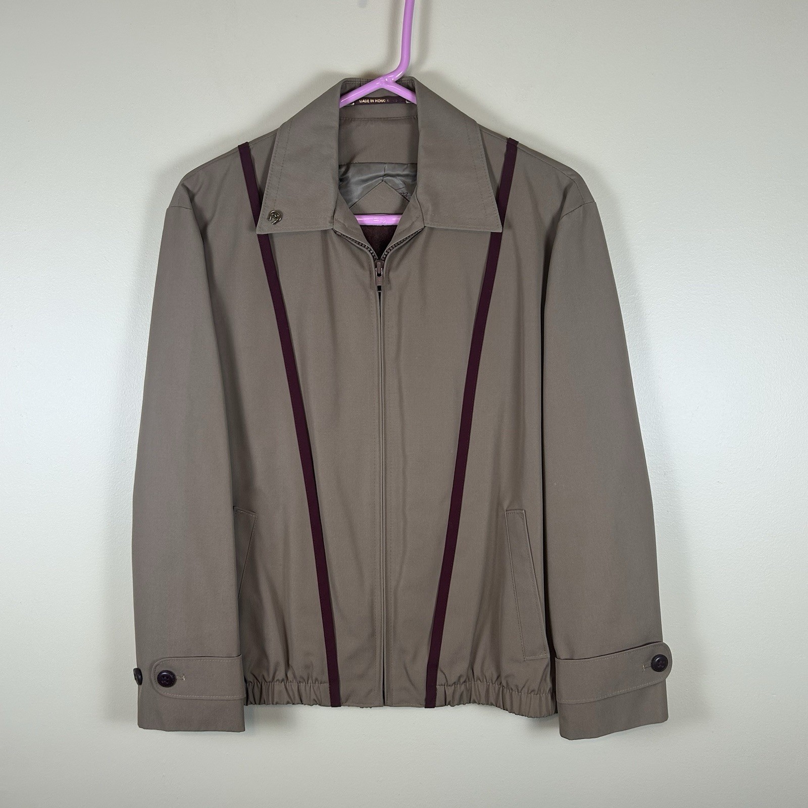Etienne Aigner 80s Bomber Jacket Windbreaker Tan Brown Trim Zip with Icon Pin 10