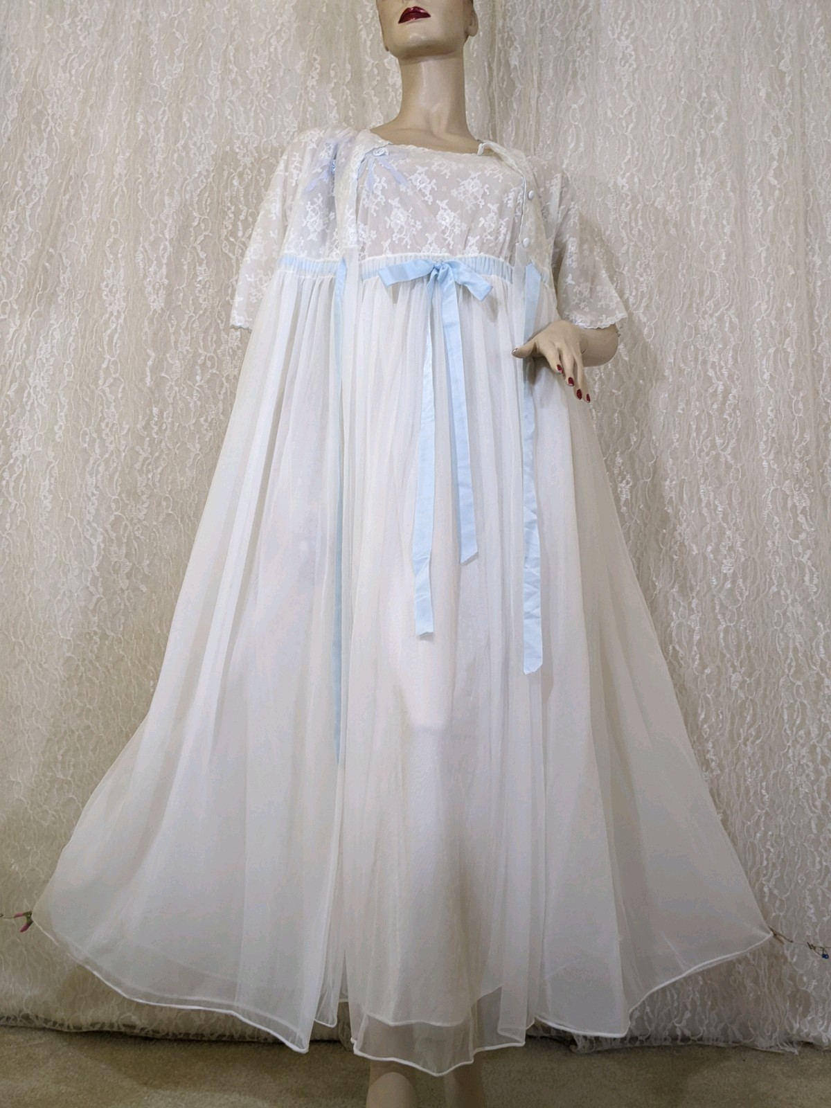 VTG Chiffon & Lace Adjustable Waist Lingerie Dress Nightgown Peignoir Robe Set M