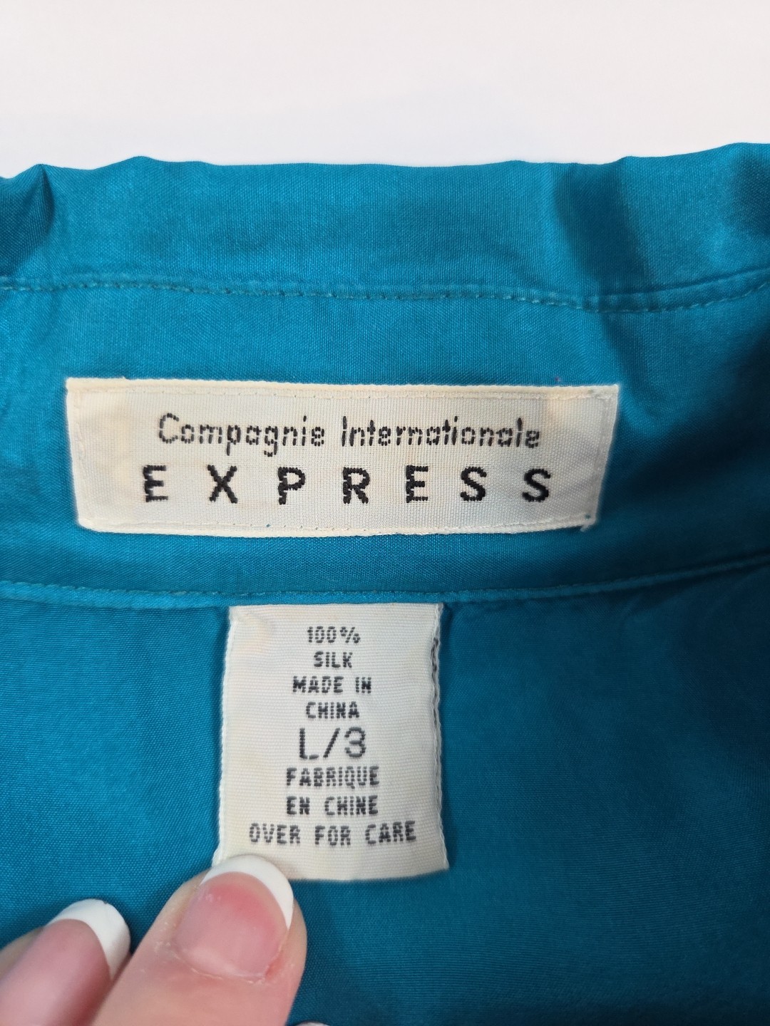 Vintage Compagnie Internationale Express 100% Silk L/S Top Blue/Teal Size Large