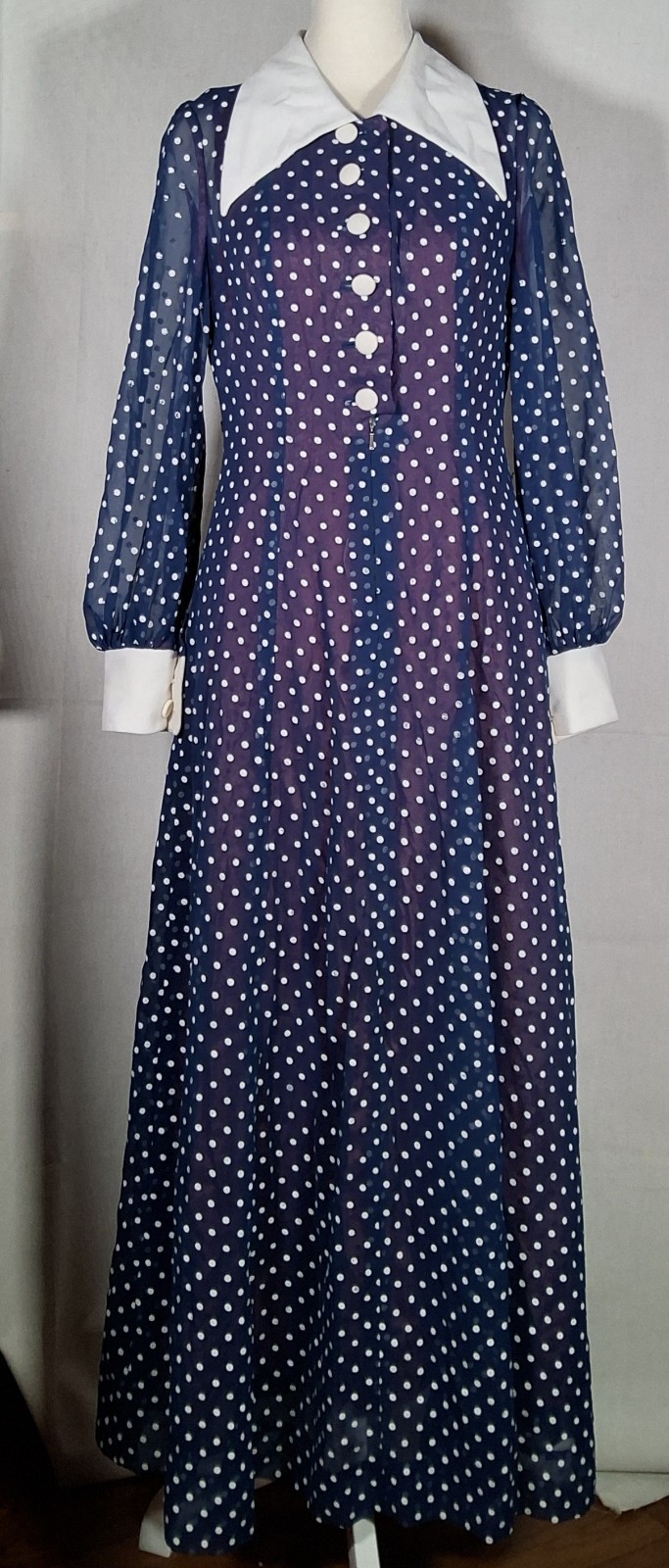Vtg 70s Blue And White Polka Dots Chifon Long Maxi Dress Korean Tailor Shop Sz S