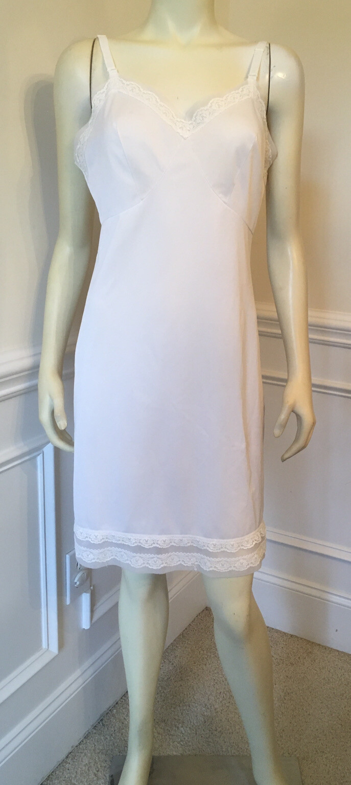 Sliperfection WN SZ 38 WHITE NYLON FULL SLIP 35” Long Sheer Nylon Cup With Lace