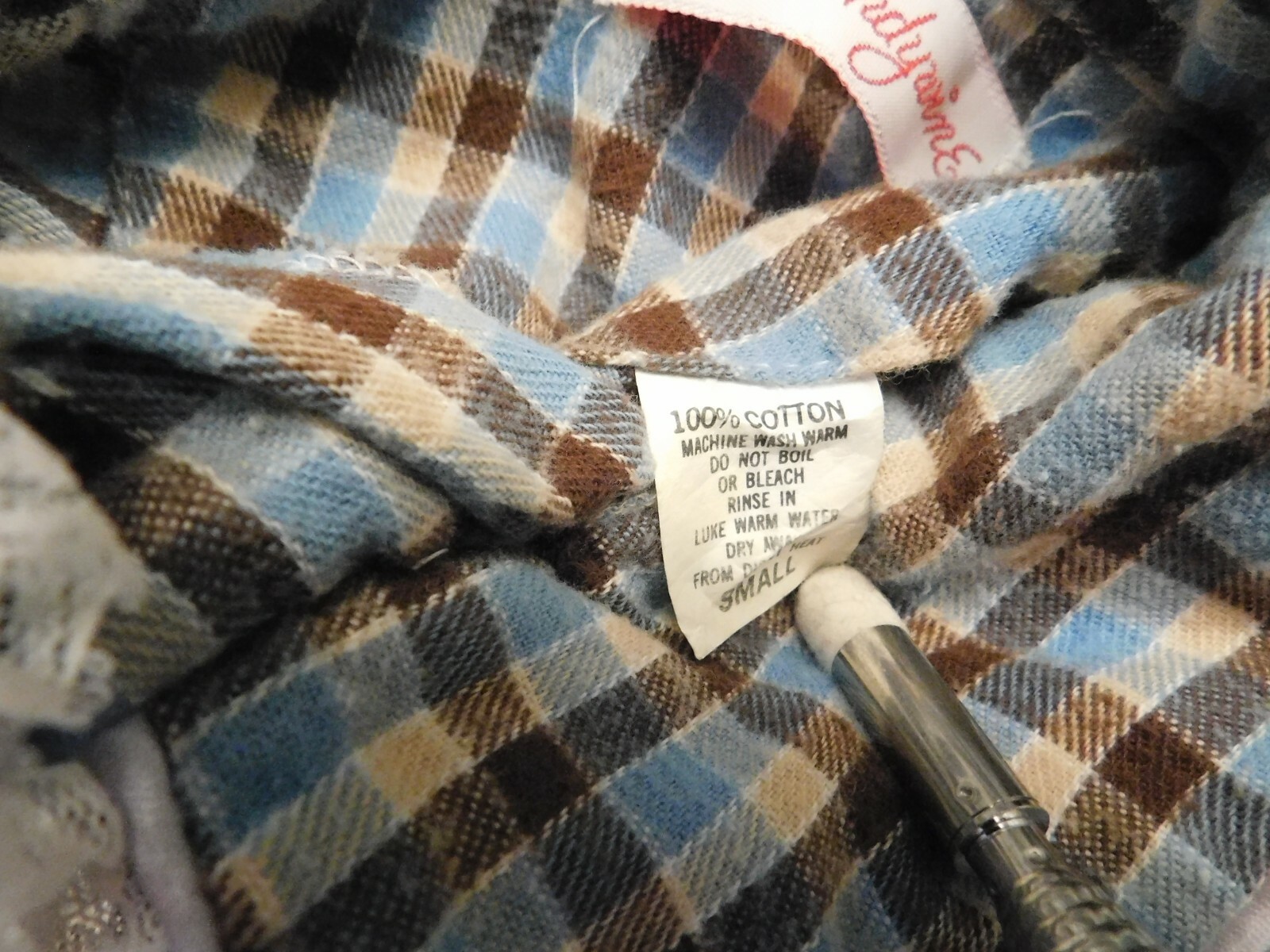 Vintage Size Small Blue Beige Brown Checkered Brandywine Short Flannel Nightgown