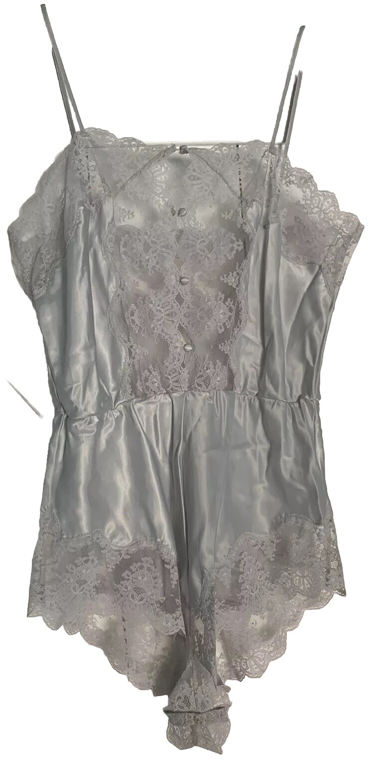 NEW Vtg Shiny Silky Nylon Wide Lace Bodysuit Teddy Barbrizon S/M USA Snap Crotch