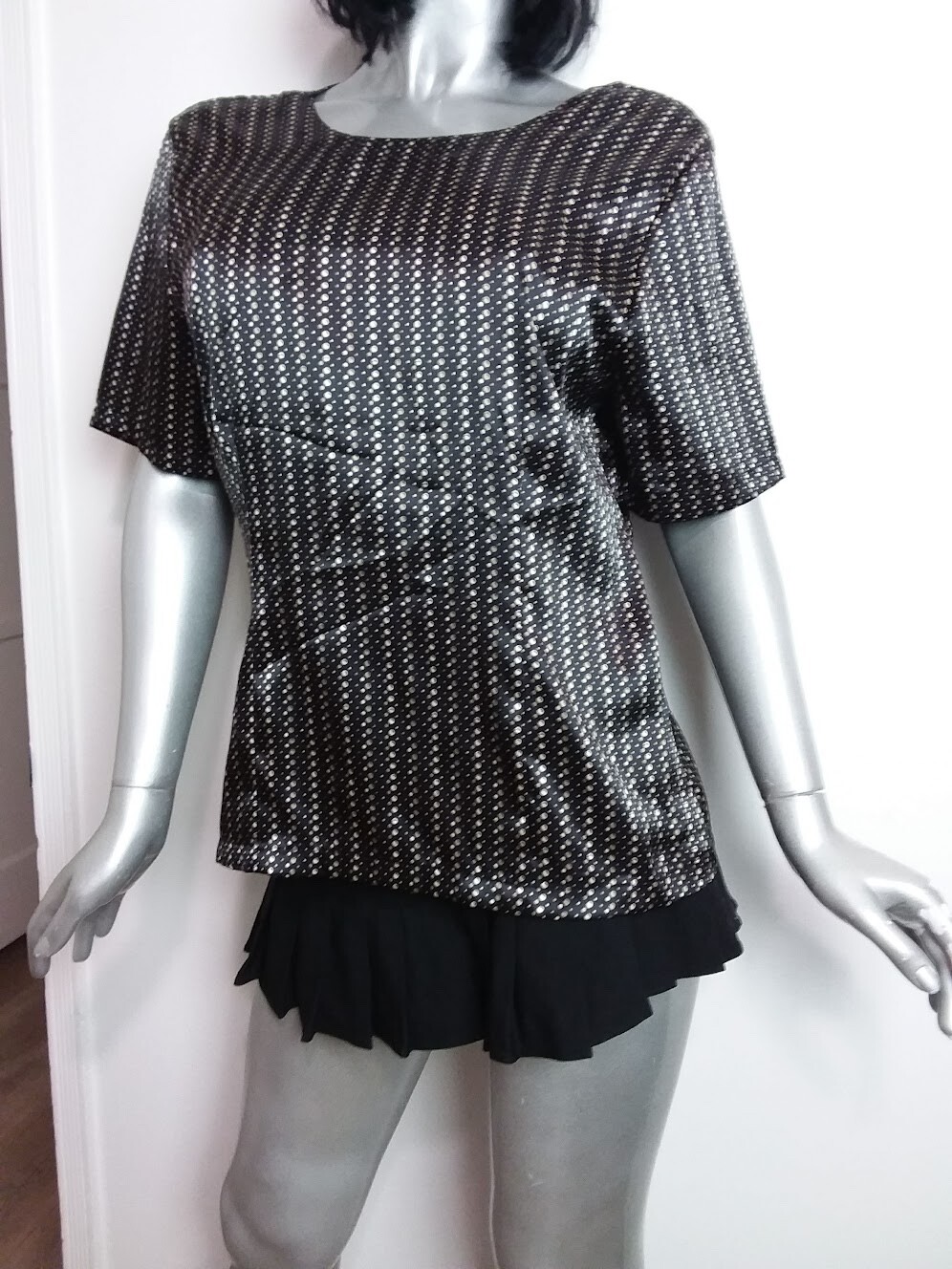 Christie & Jill Size 10 Blouse Black/Tan Polka Dots Short Sleeve Disco Vintage