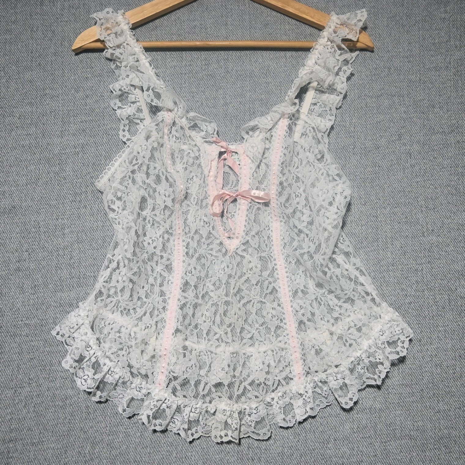 Nan Flower Lace Camisole Women Large Vintage Sheer Coquette USA White Pink Bow