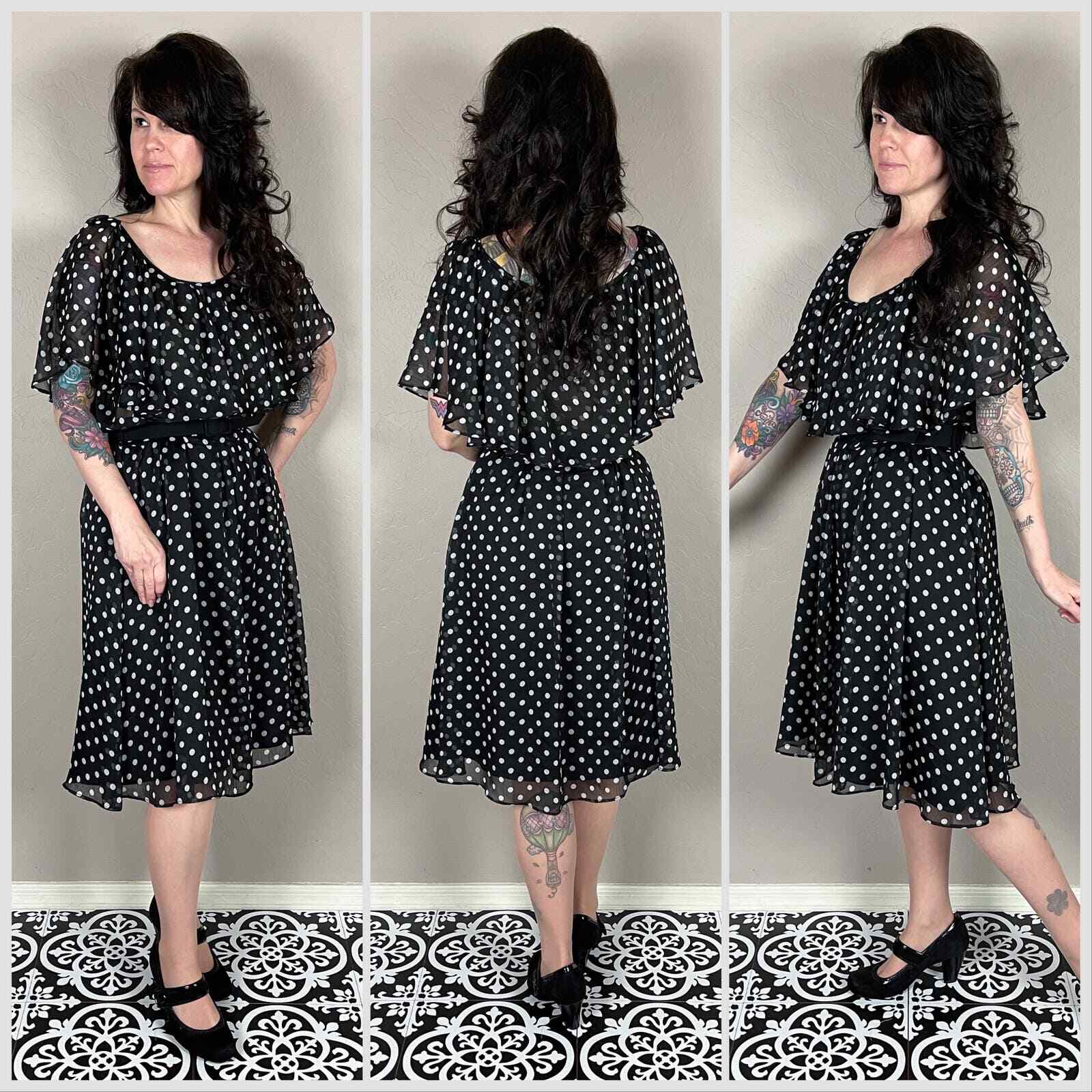 Vintage 1990s Black and White Polka Dot Chiffon Dress – 36″ Waist