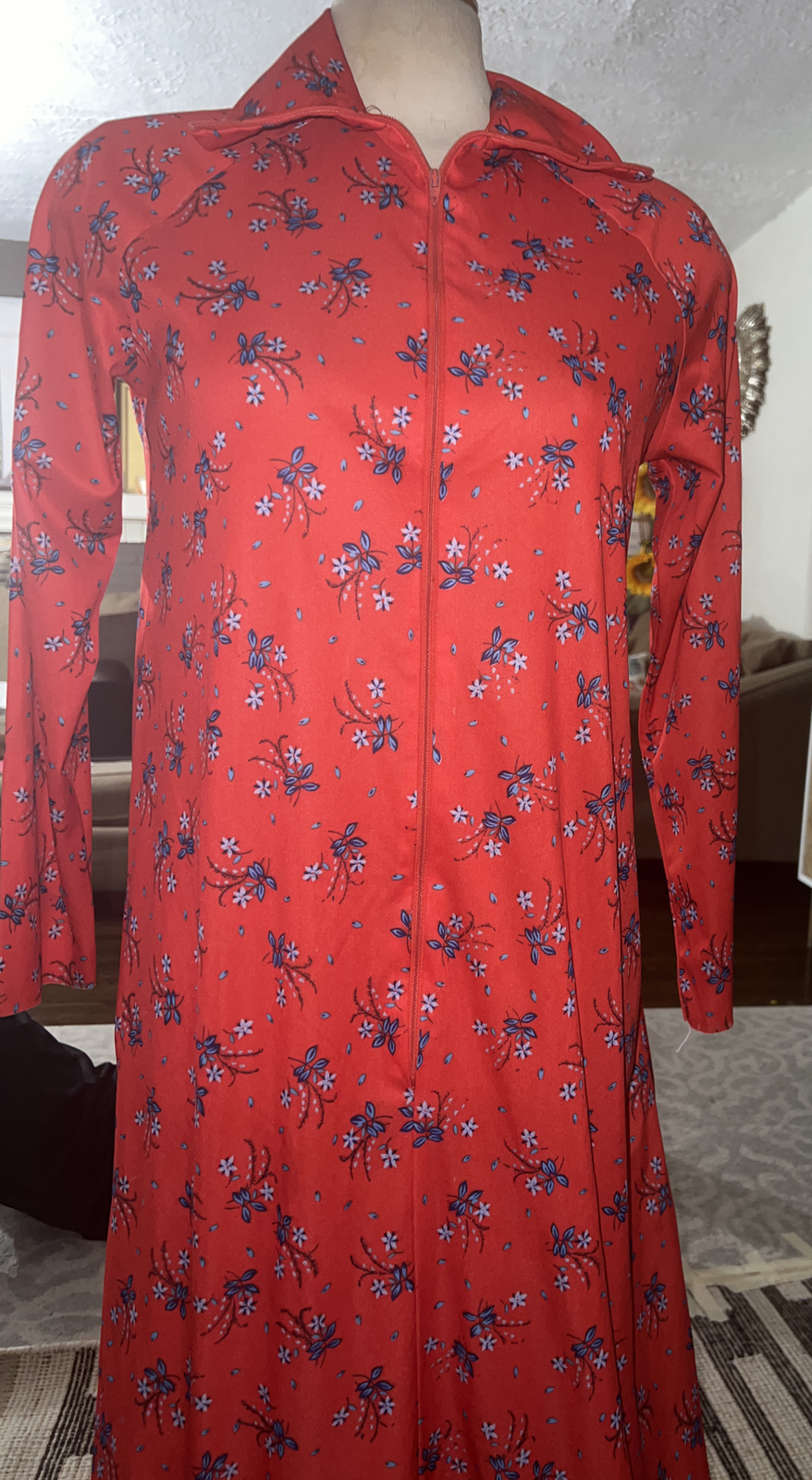 Elaine Sklar VTG Mod Red Floral House Dress Robe Zip Up Nylon Medium