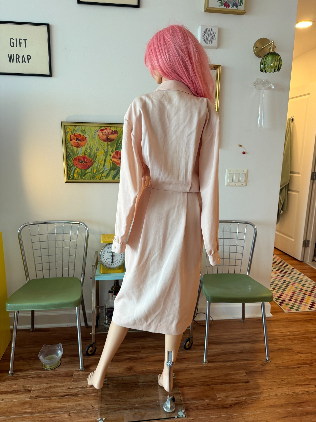 🤍 Vintage 80s Garfinckel’s Blush Safari Wrap Shirt Dress Working Girl USA M/L