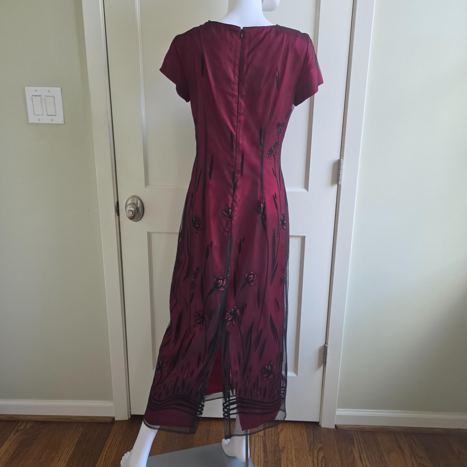 Vintage 90s Virgo II Burgundy Black Floral Mesh Maxi Dress Size 8 USA