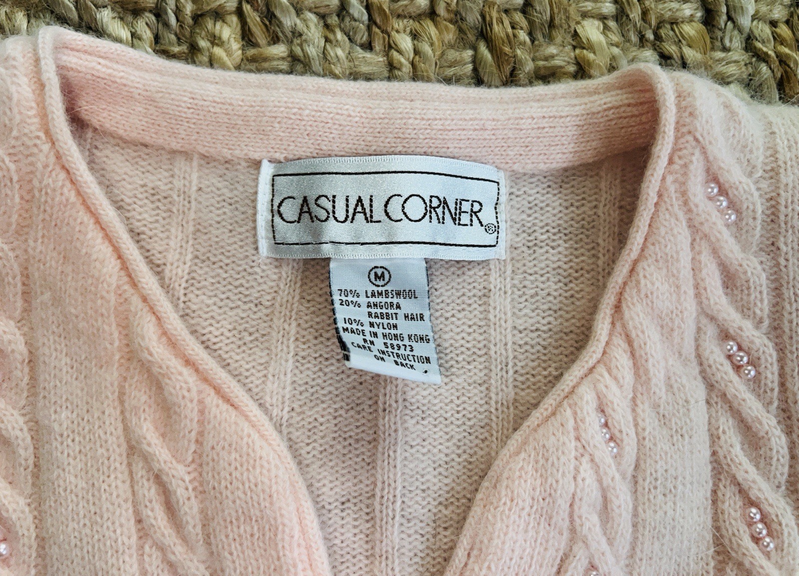 CASUAL CORNER 80’s Vintage 90s Angora Pearls Lambswool Cardigan Sweater M Pink
