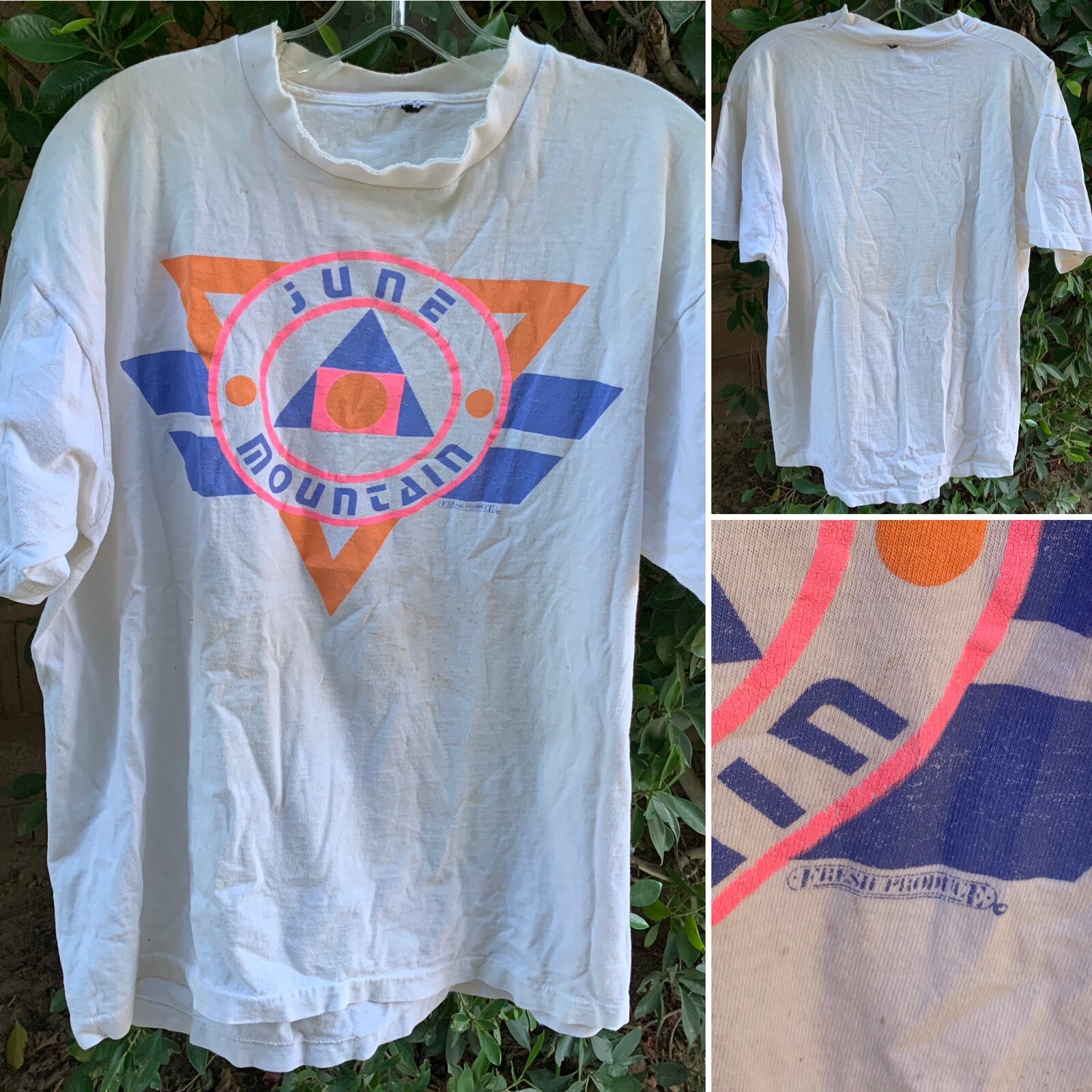Vintage June Mountain T Shirt 80s Geomeric Neon Graphics Distressed Worn Holes