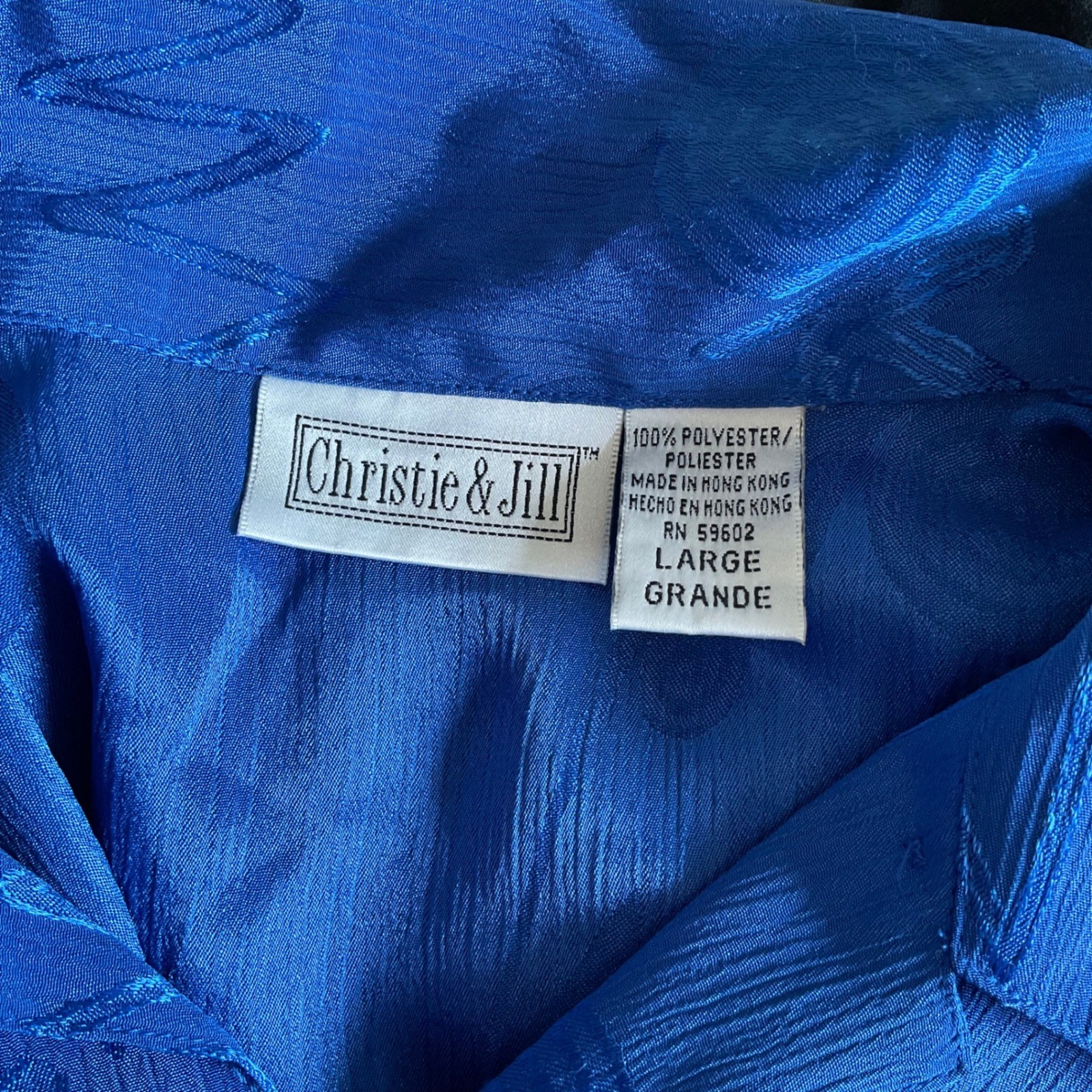 Vintage Christie & Jill Blouse Blue Damask Jacquard Mandarin Collar Frog Closure