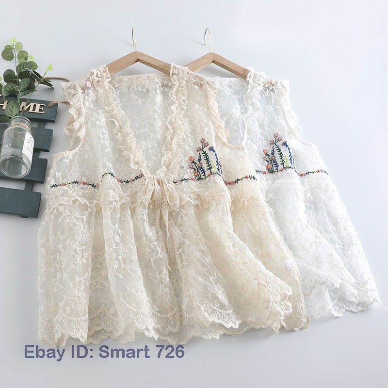 Lace Vest Women’s Loose Transparent Large Size Gilet Waistcoats Cotton Linen NEW