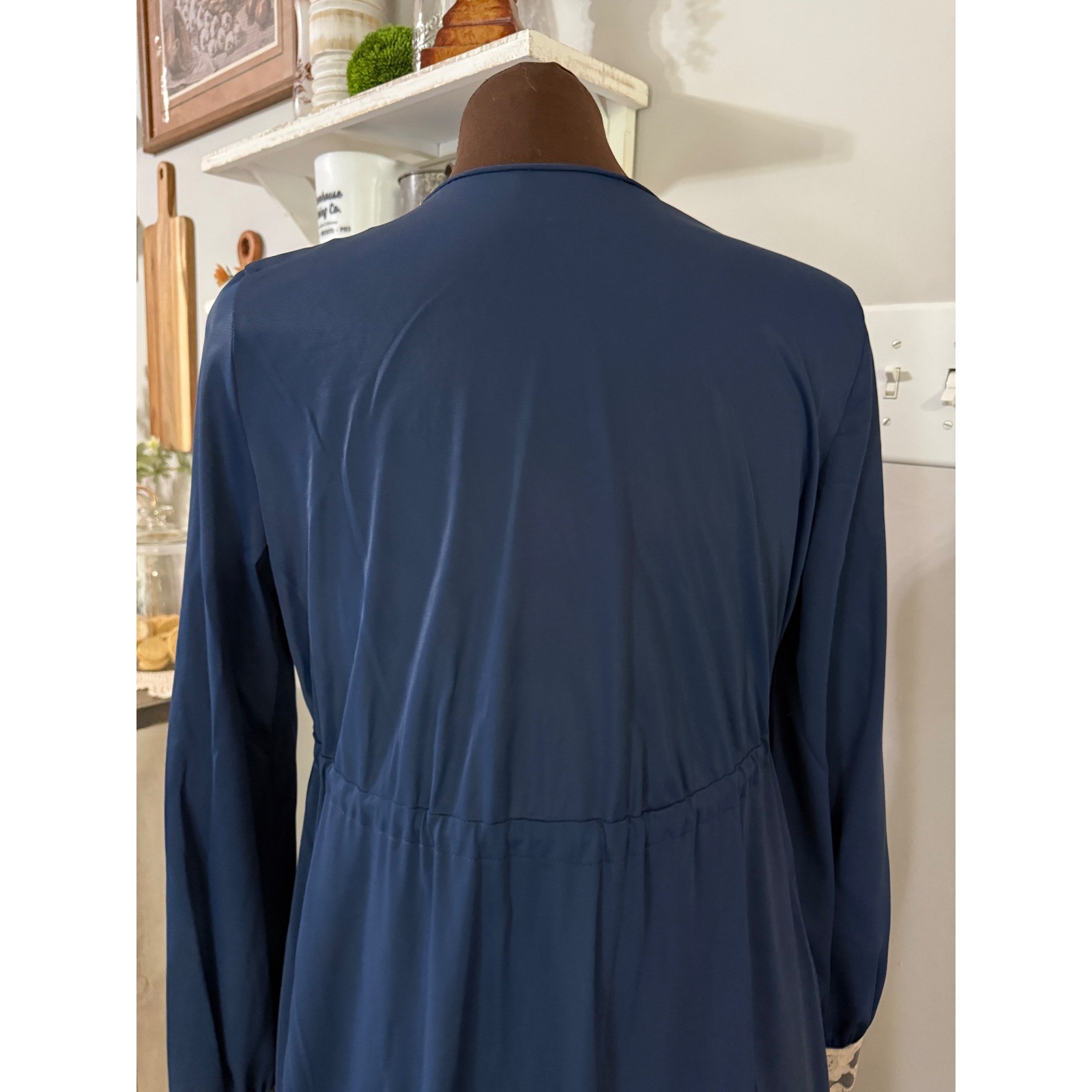 Vintage Navy Satin Lace Trim Maxi Robe Empire Waist Long Sleeve Lingerie Gown