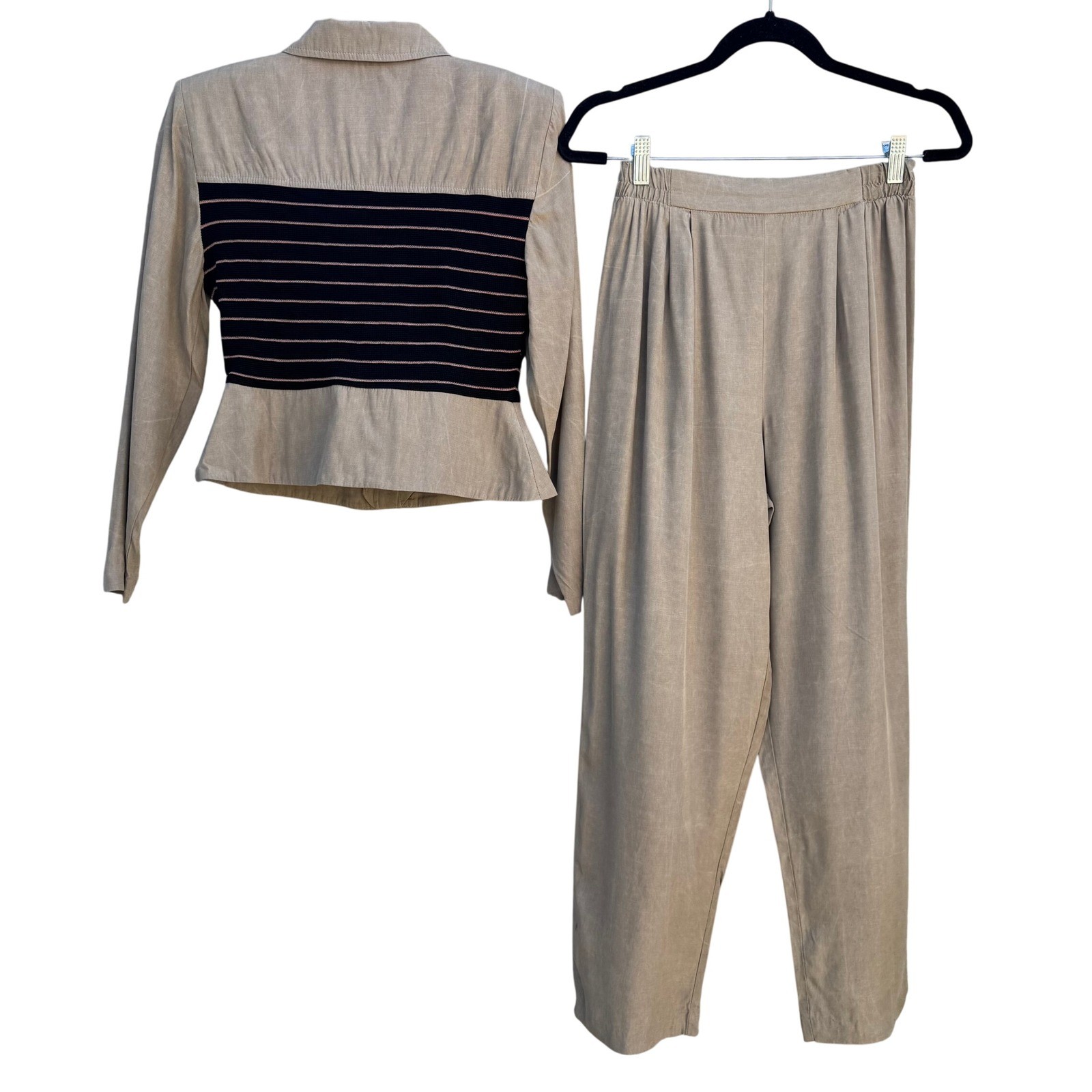 JSJ Petites Vintage 90s Mixed Media Pant Set Tan Striped Minimalist Officecore S