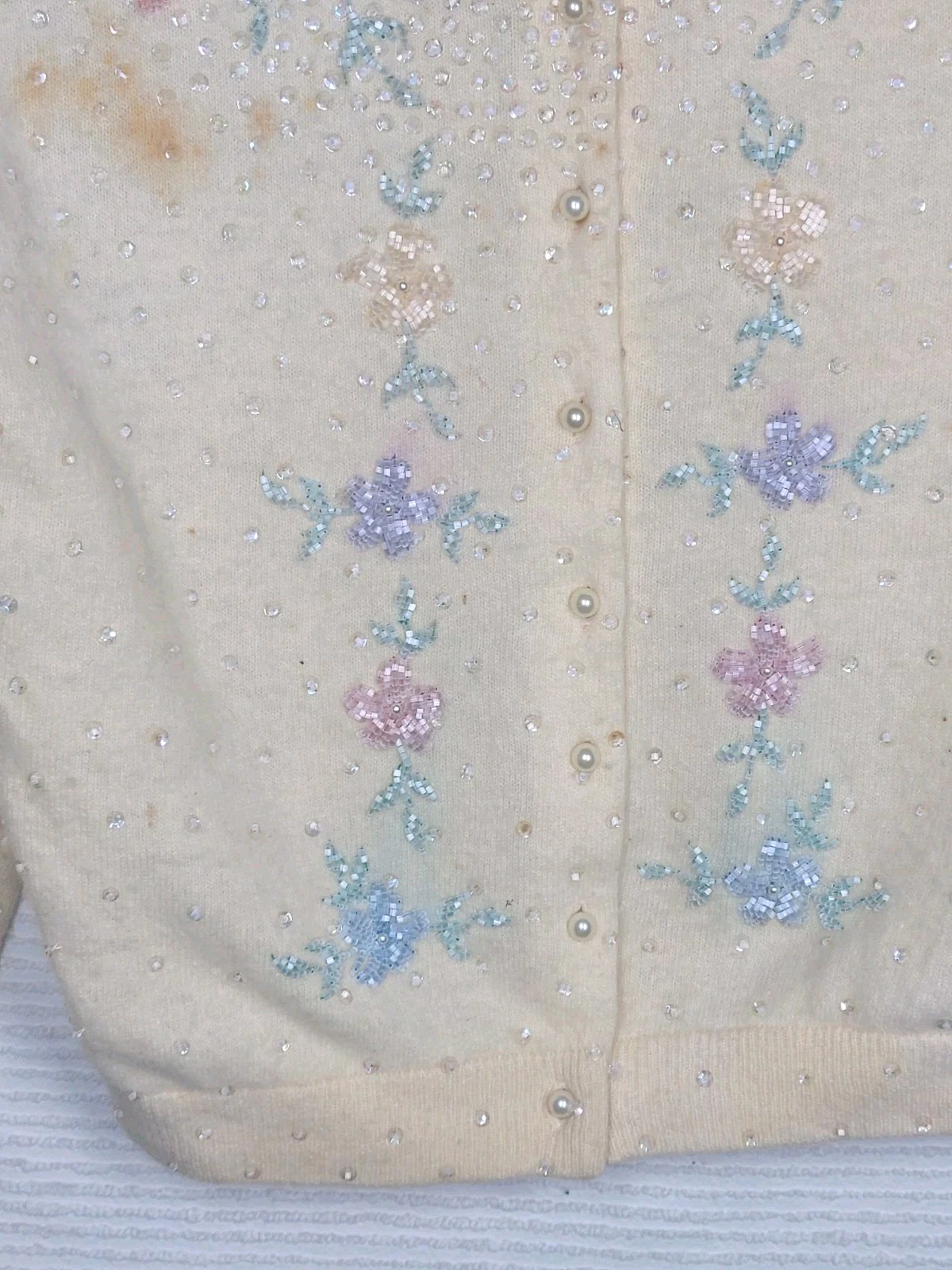1950s Beaded Cashmere Cardigan Silk Lined Cut Glass Alfred Wong Small Vintage