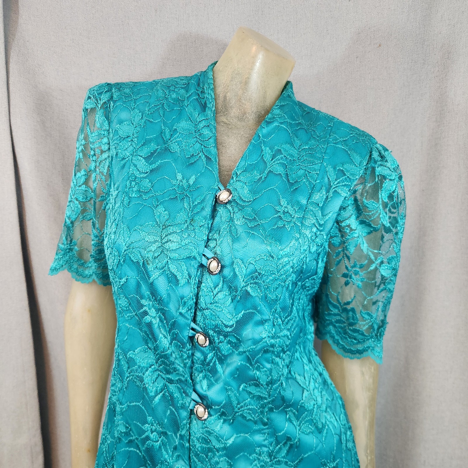 Vintage Marians Touch Aqua Floral Lace Short Sleeve 2PC Dress Set SMALL Size 4