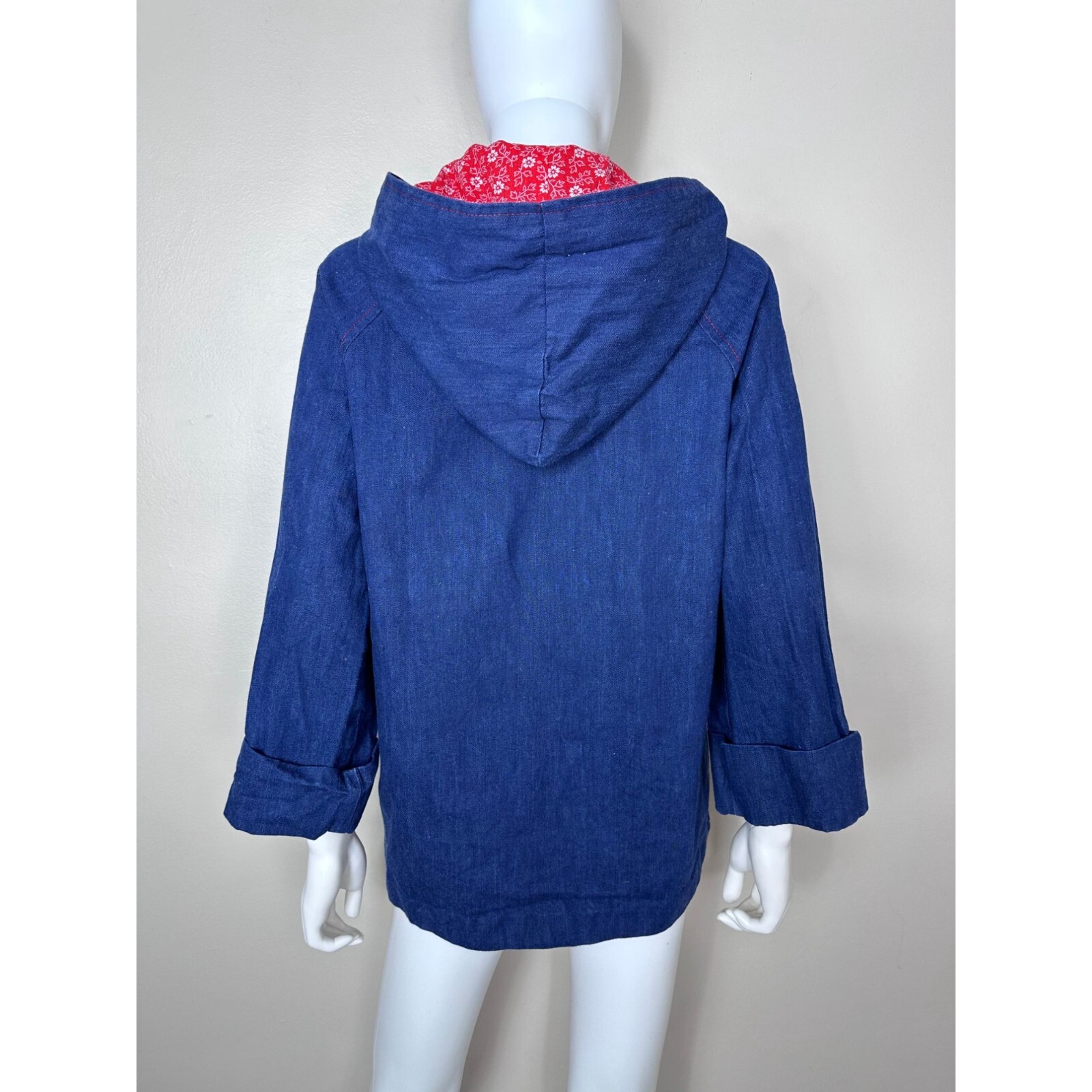 Vintage 1970s Denim Jacket with Red Floral Lined Hood 70s Shelly’s Tall Girls